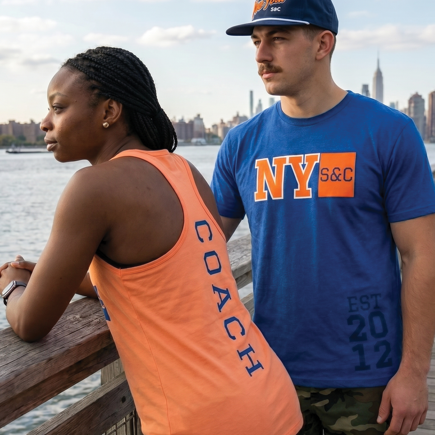 NY S&C tee and coach tank on waterfront