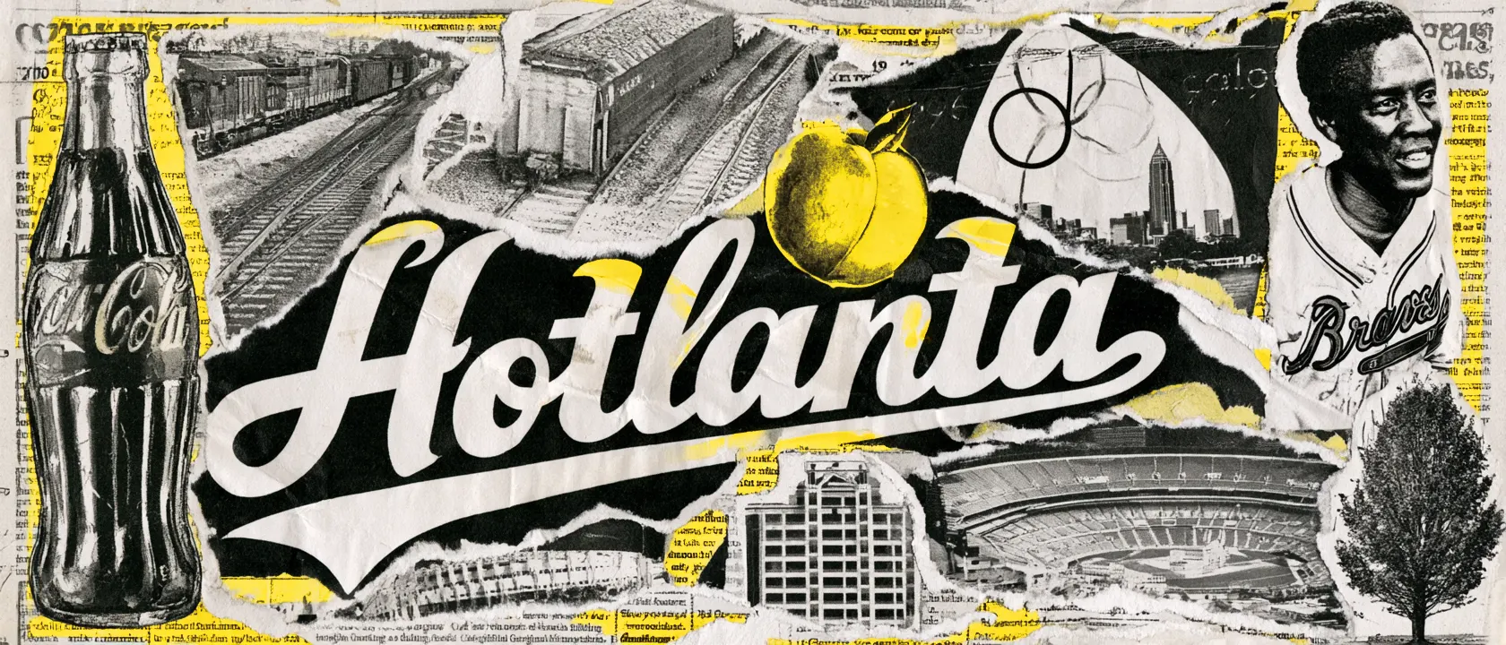 Atlanta visual history collage with railroad, map, lettering, and public design references