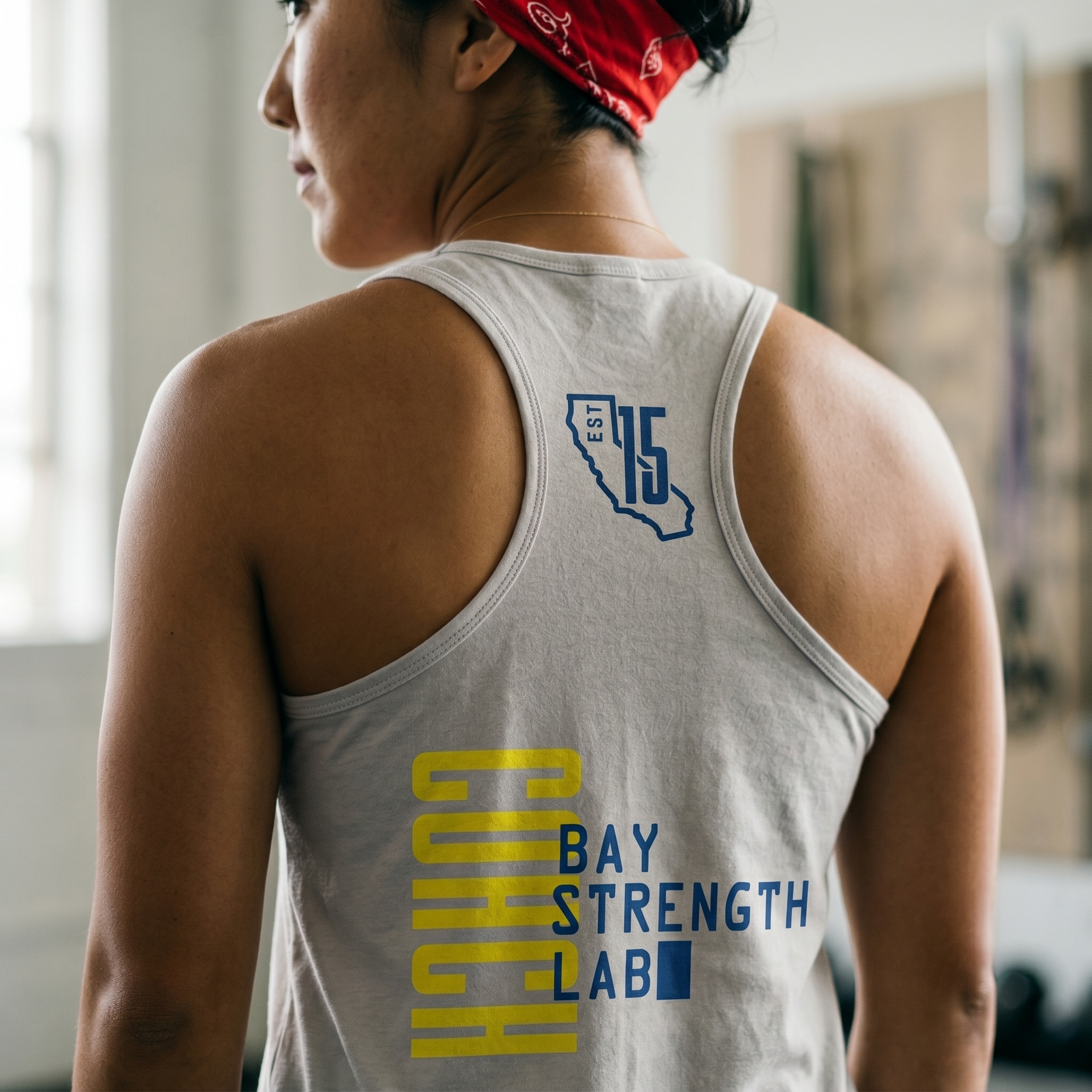 Bay Area Strength Lab back tank with California EST 15 and vertical lab print