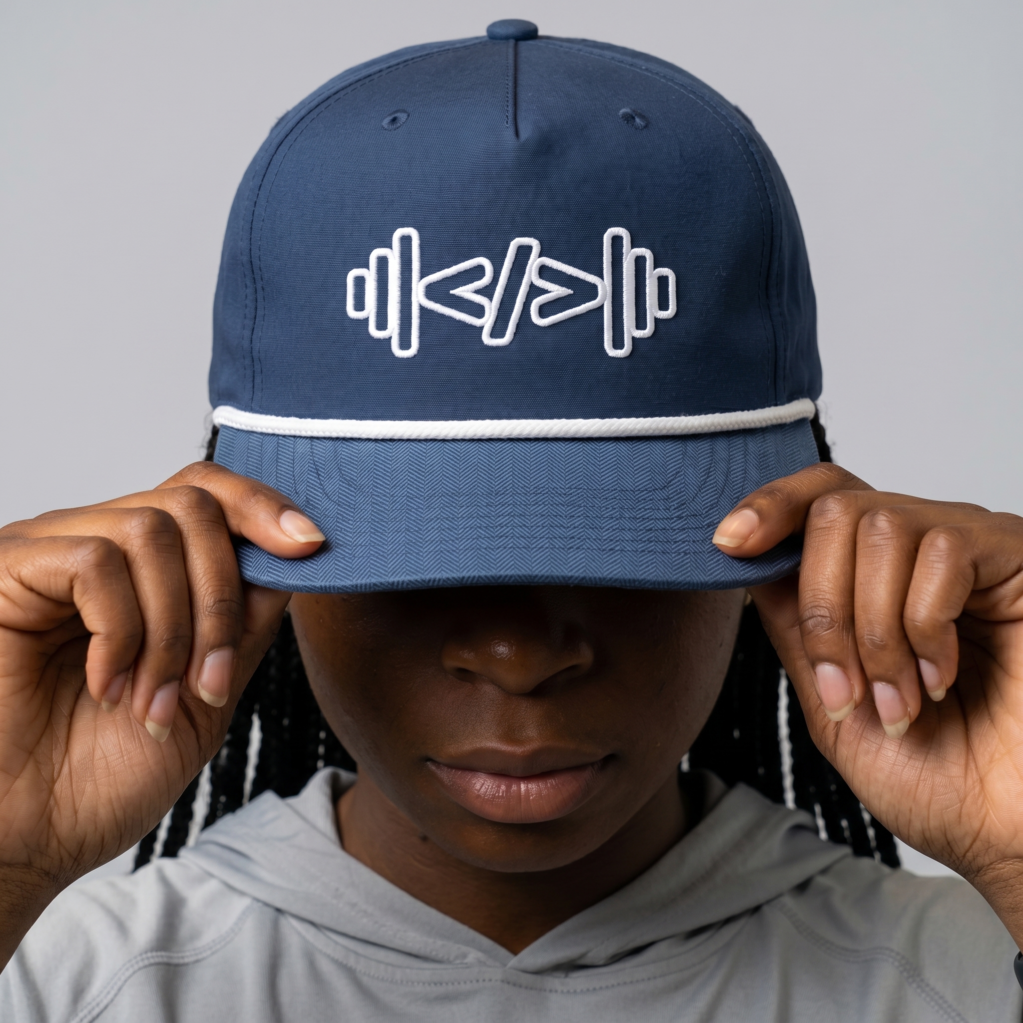 Bay Area Strength Lab navy rope hat with embroidered code-barbell icon