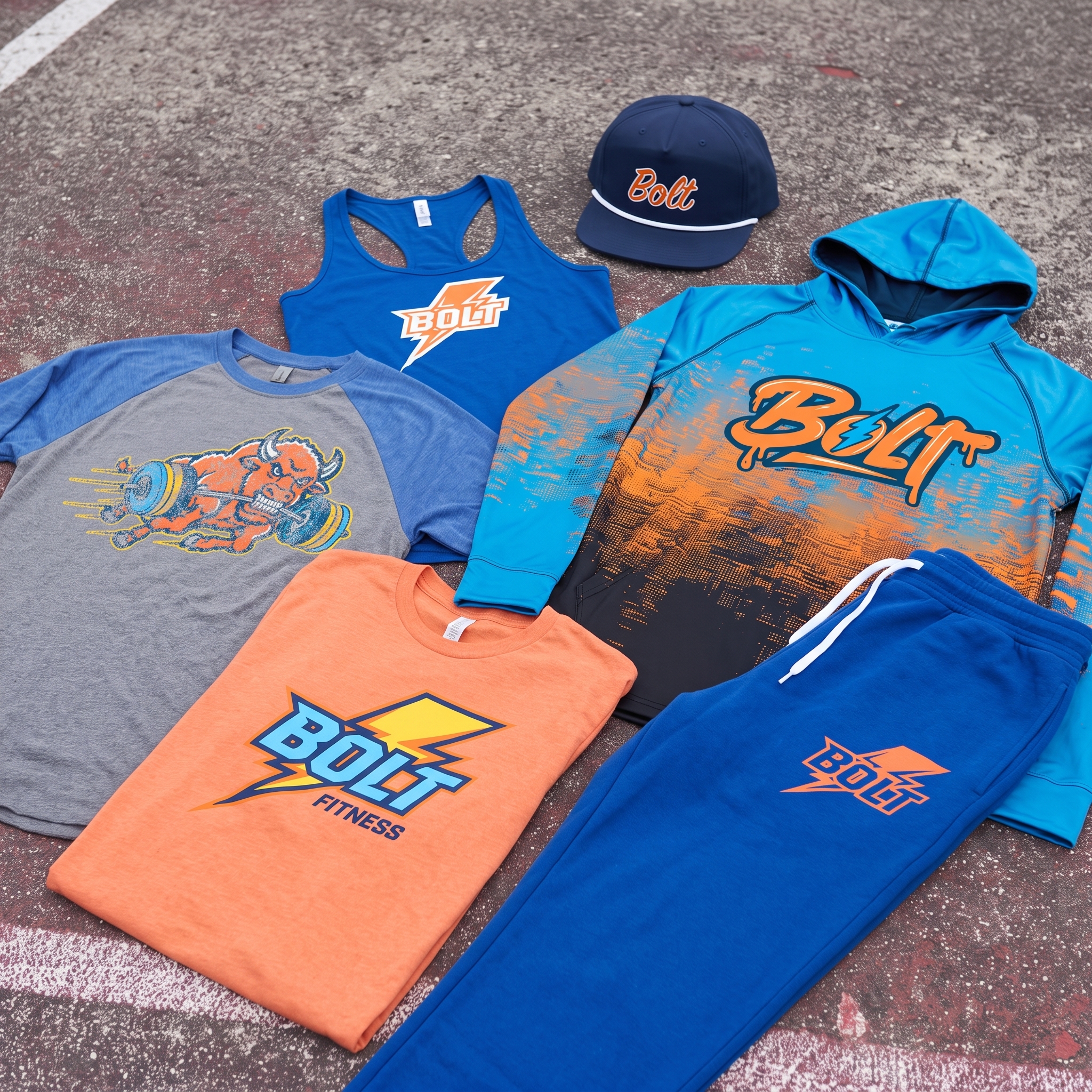 Full Bolt Fitness Oklahoma City apparel collection with blue tanks, peach tee, sublimated hoodie, joggers, raglan, and navy rope cap