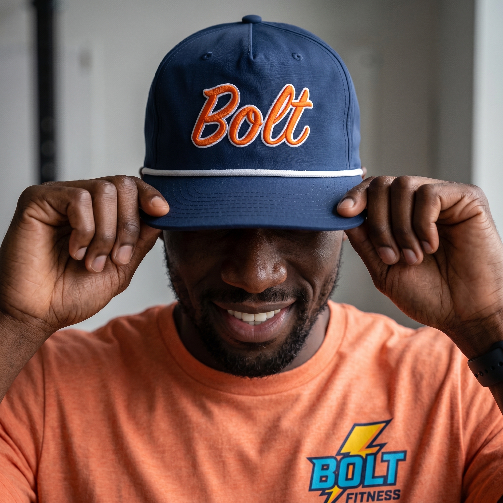 Navy Bolt Fitness rope cap with orange script embroidery and white rope detail