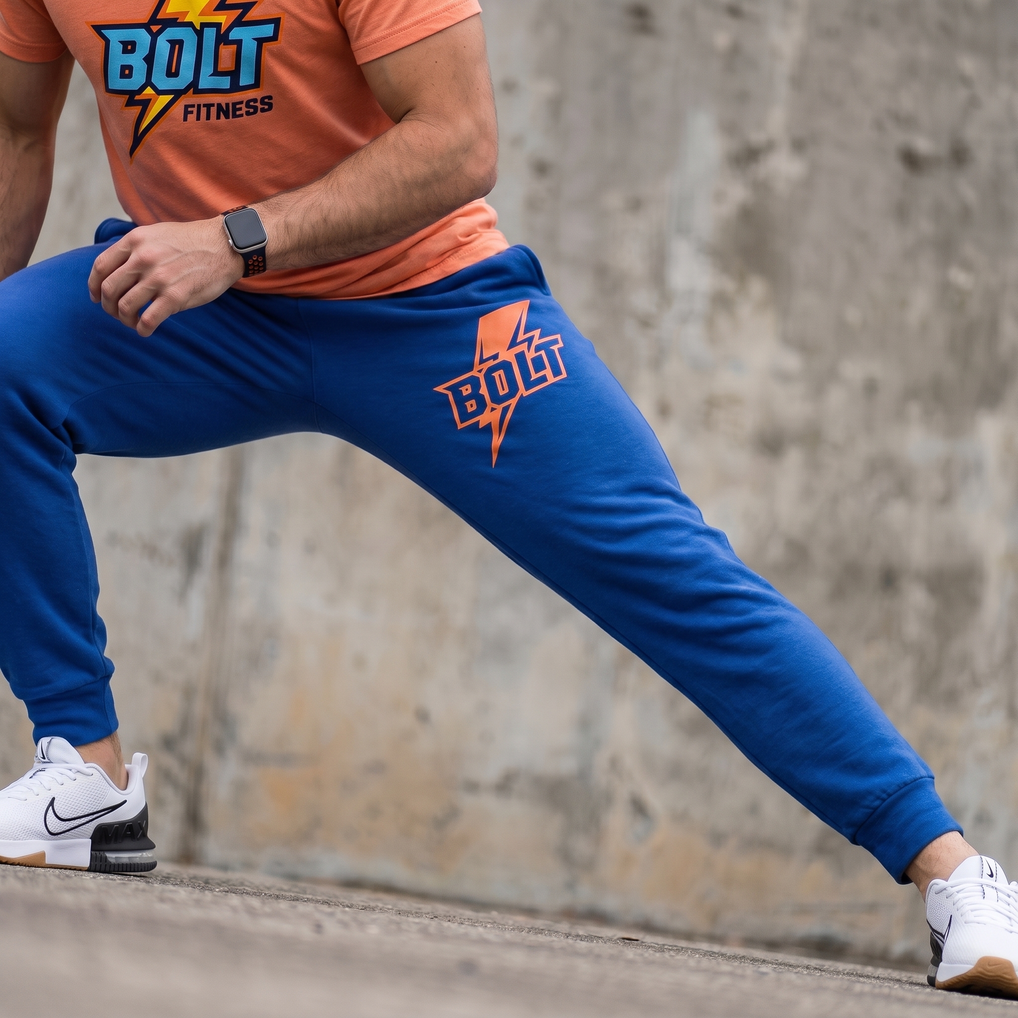 Athlete wearing blue Bolt Fitness joggers with orange lightning logo on the leg and peach Bolt Fitness tee