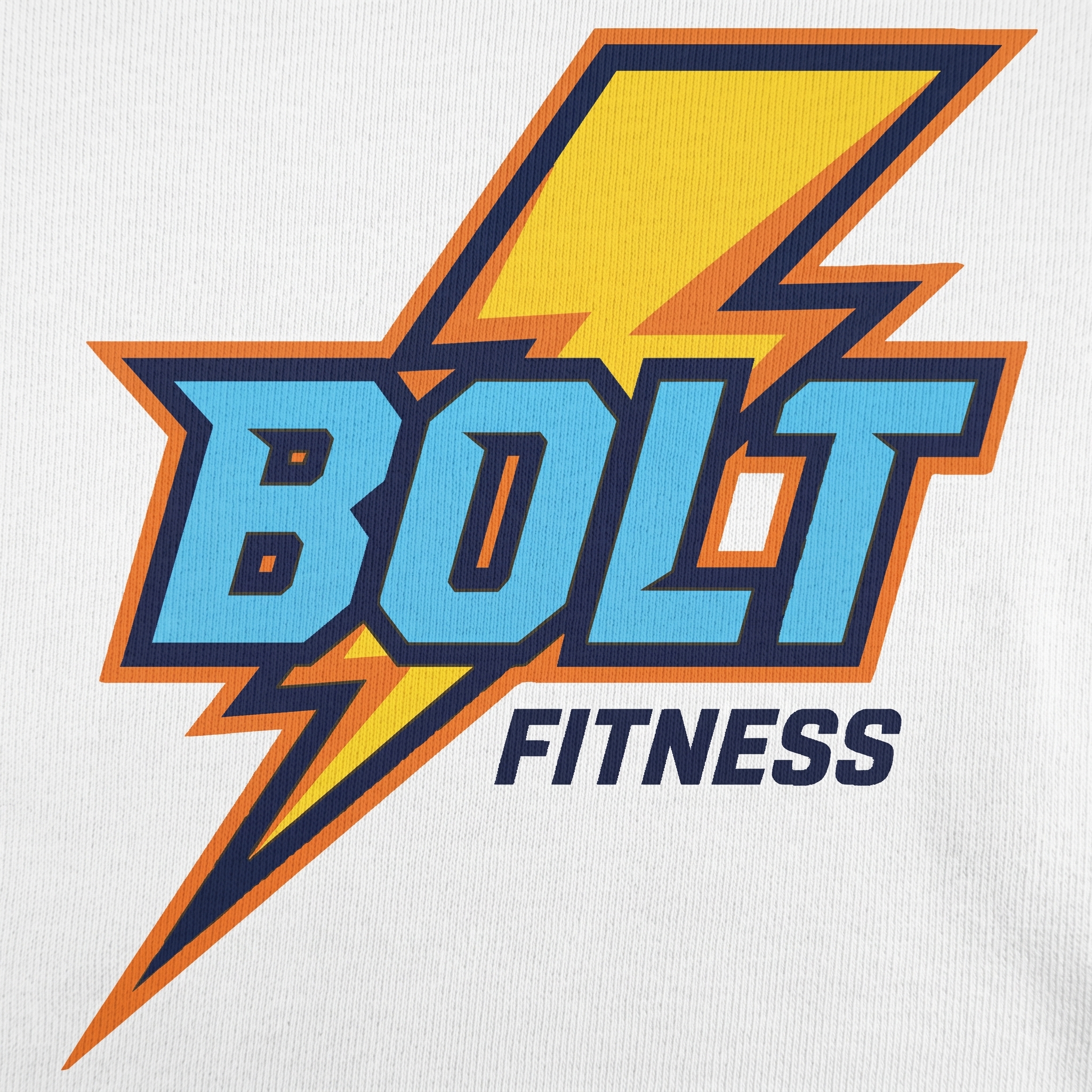 Close-up of Bolt Fitness screen printed logo with blue lettering, orange outline, yellow lightning bolt, and navy structure on white fabric