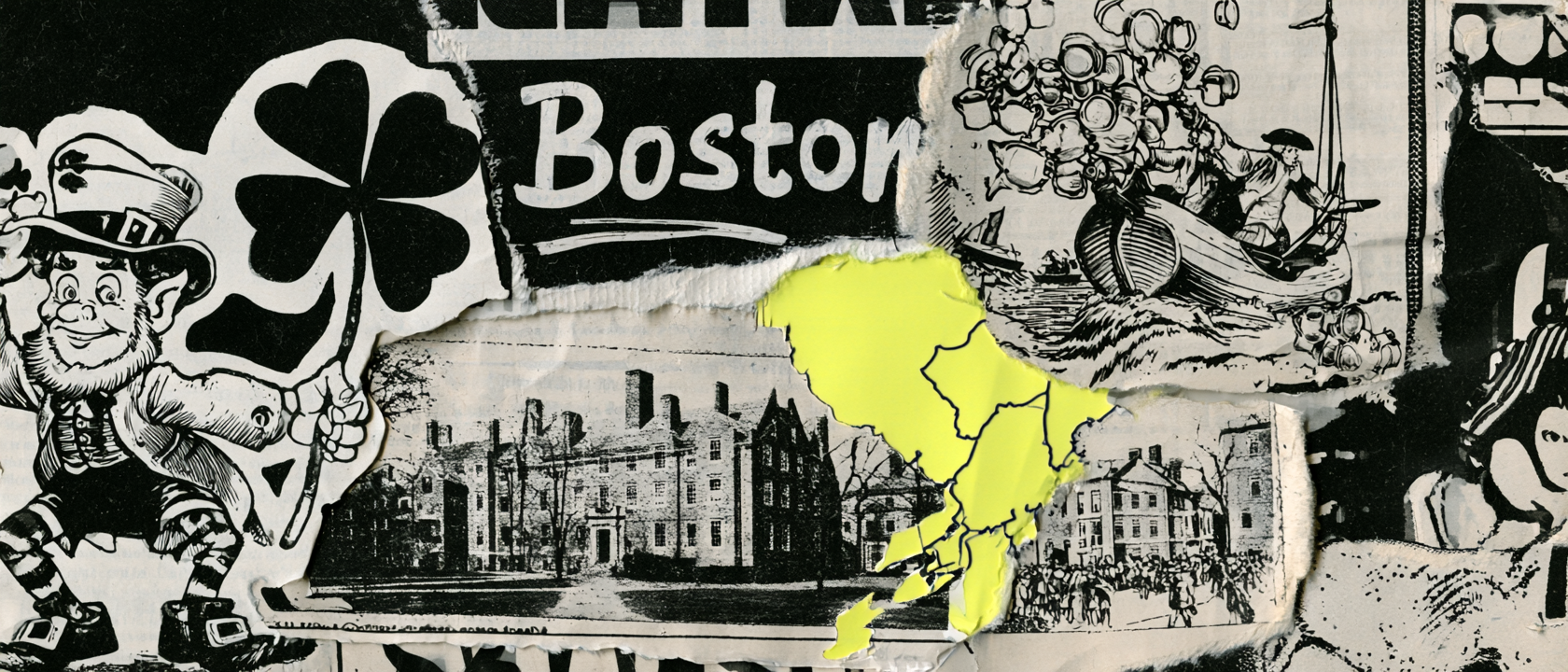 Boston visual history collage with shamrock, leprechaun, historic buildings, and Massachusetts map references