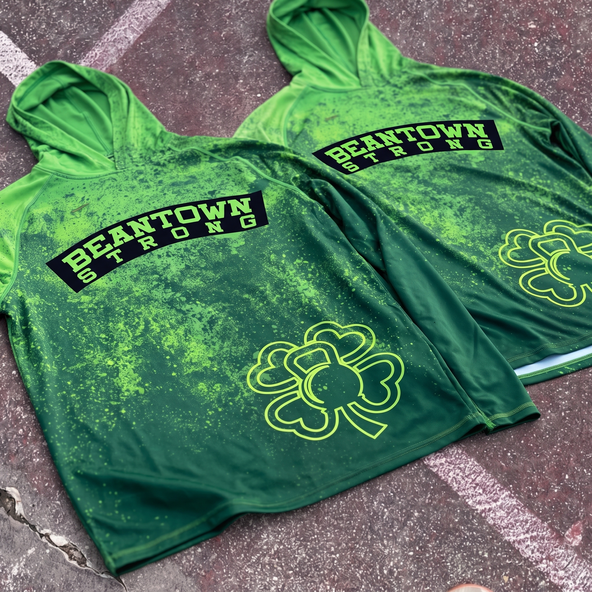 Beantown Strength green splatter hoodies with shamrock icon and arched type