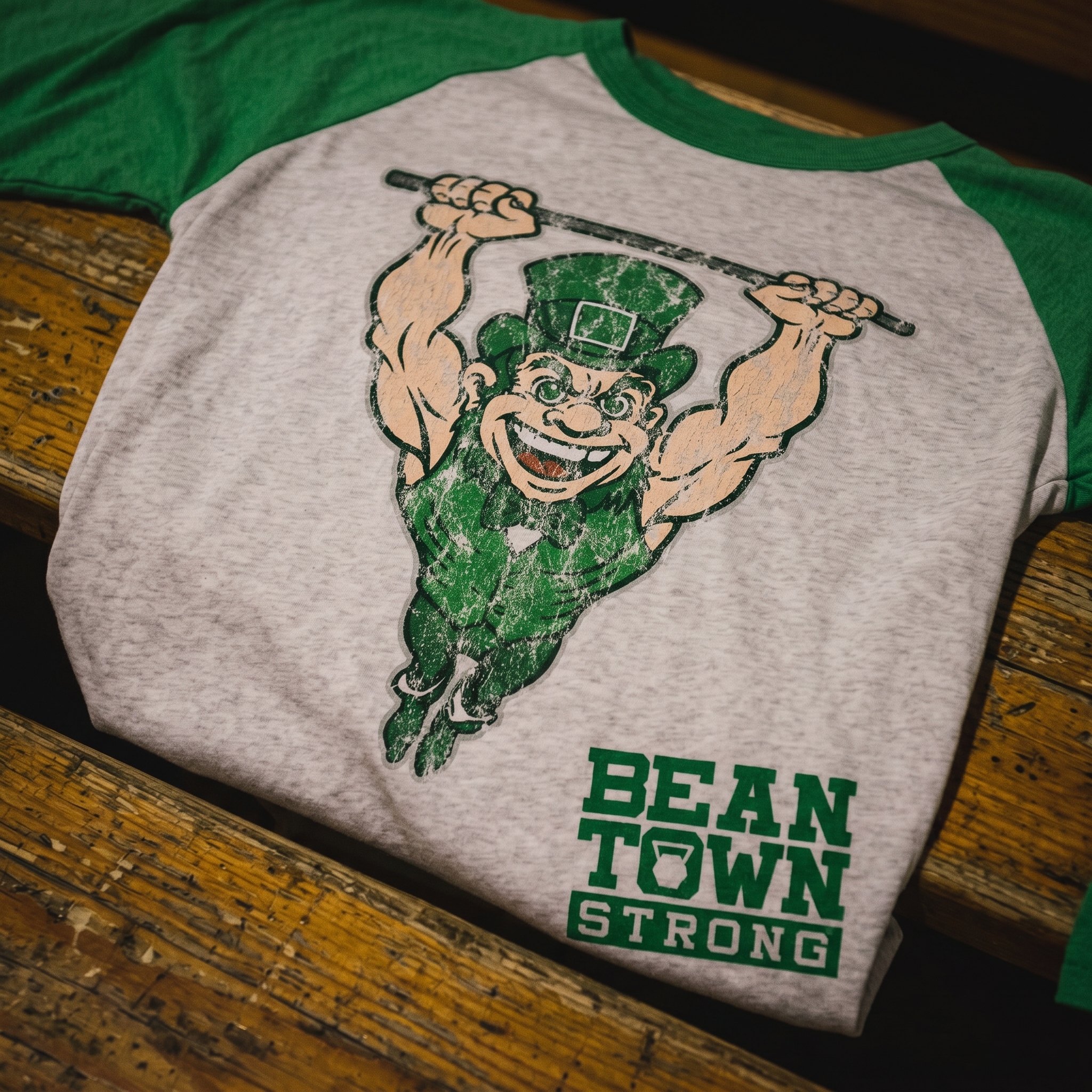 Beantown Strength mascot raglan with leprechaun lifting a barbell