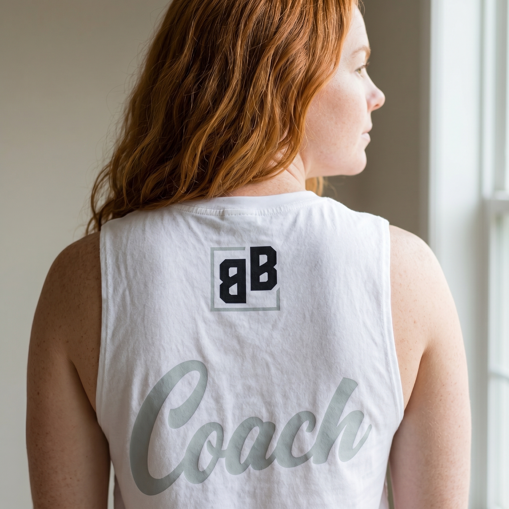 Borough & Barbell white coach tank with script Coach back print