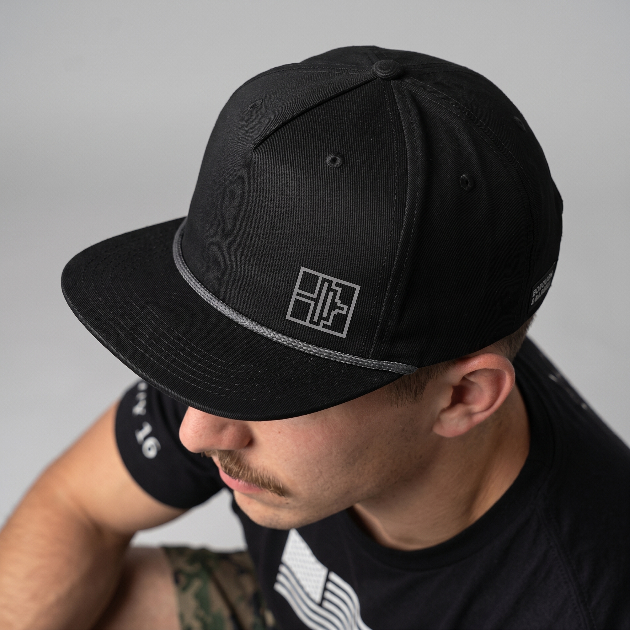 Borough & Barbell black rope hat with embroidered BB bridge mark