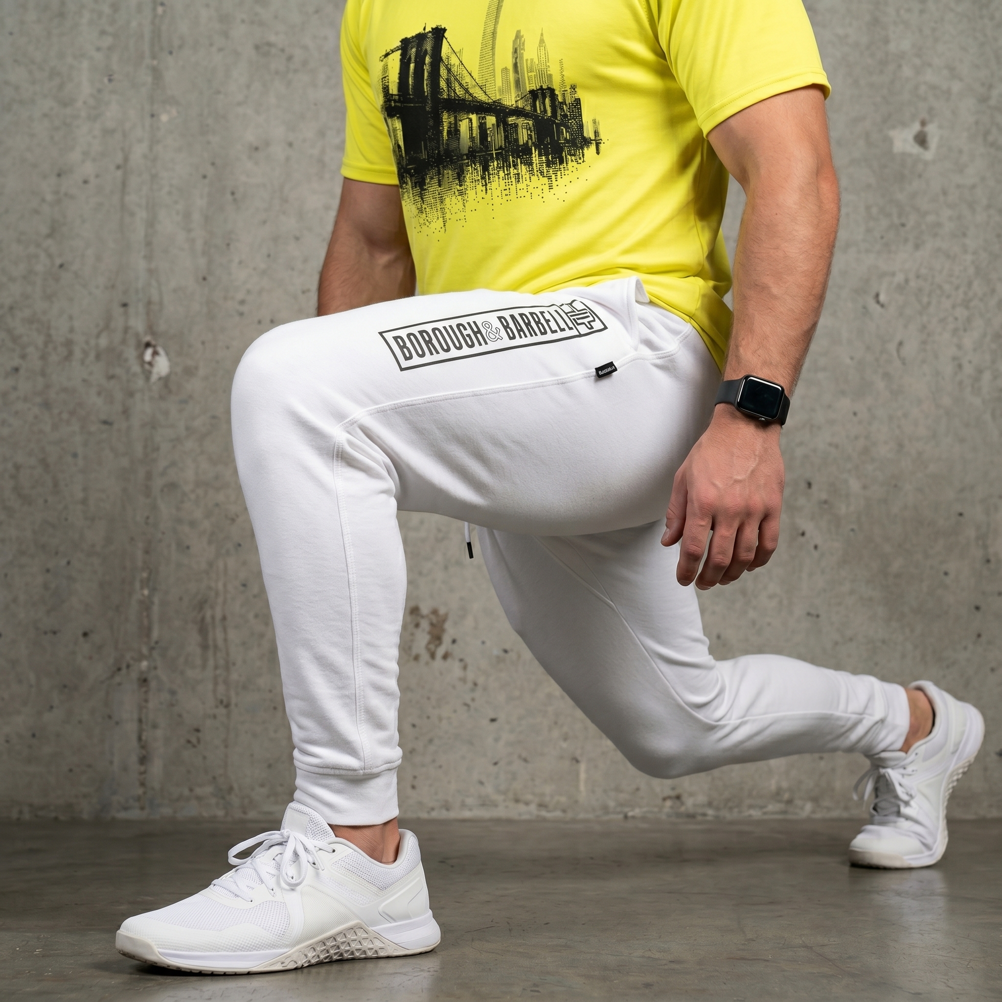 Borough & Barbell white jogger with vertical leg print