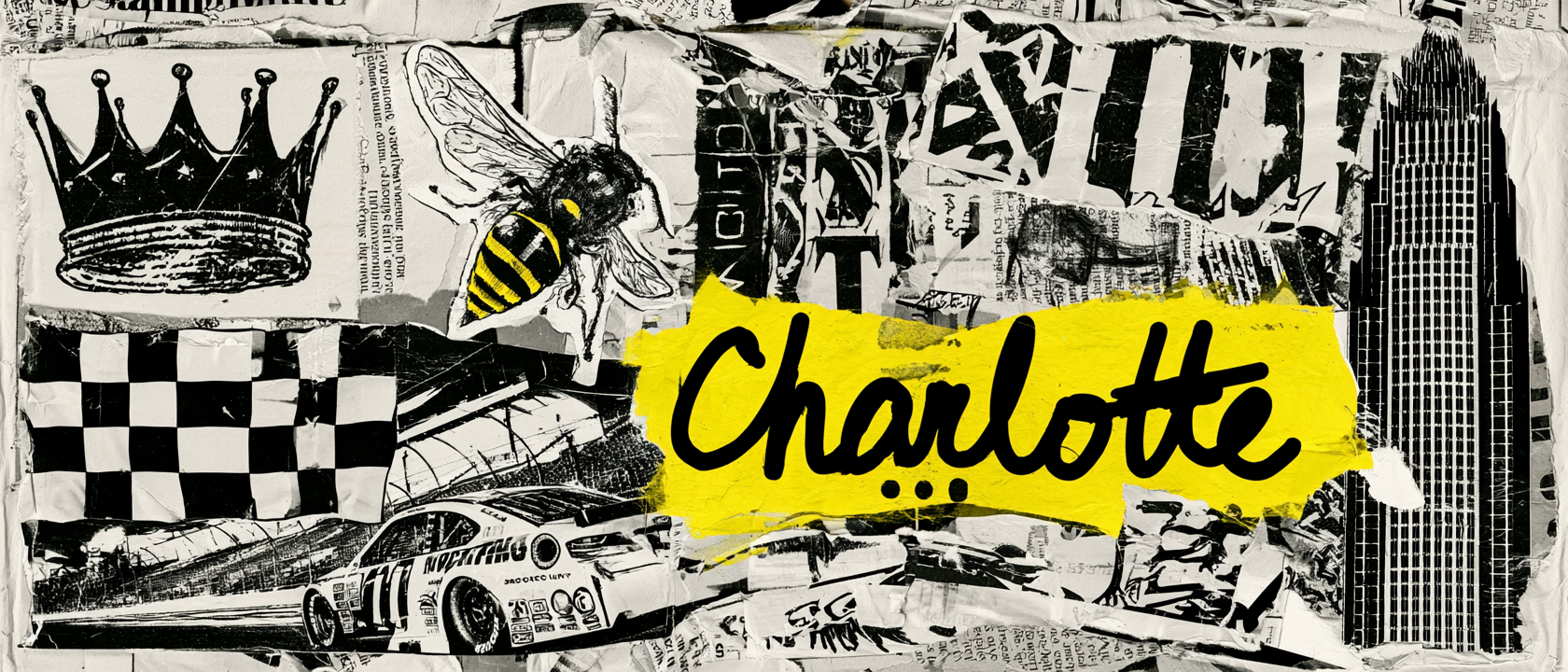 Charlotte visual history collage with crown, cotton, racing, skyline, and city references