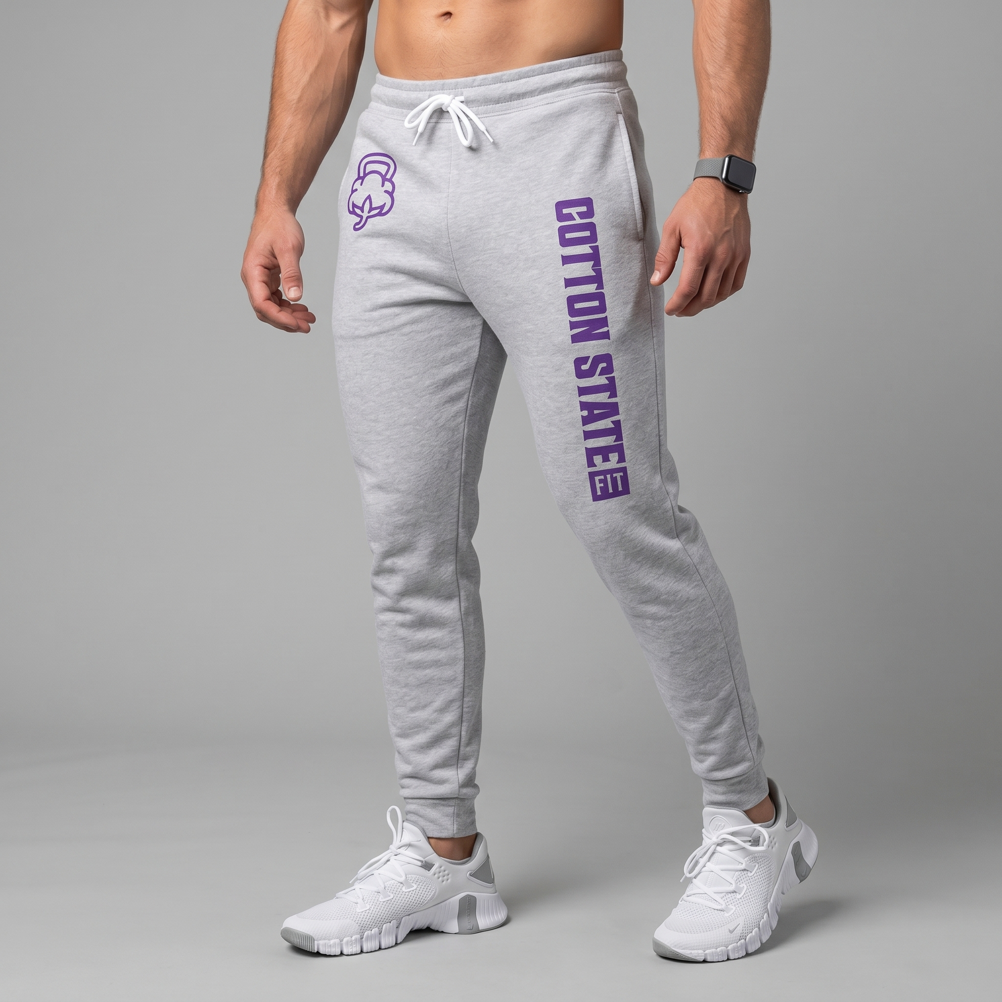 Cotton State Fitness Co. grey joggers with vertical Cotton State leg print