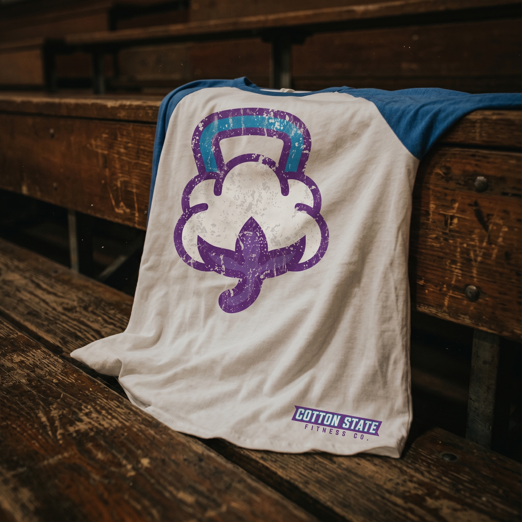 Cotton State Fitness Co. raglan shirt with large cotton kettlebell icon