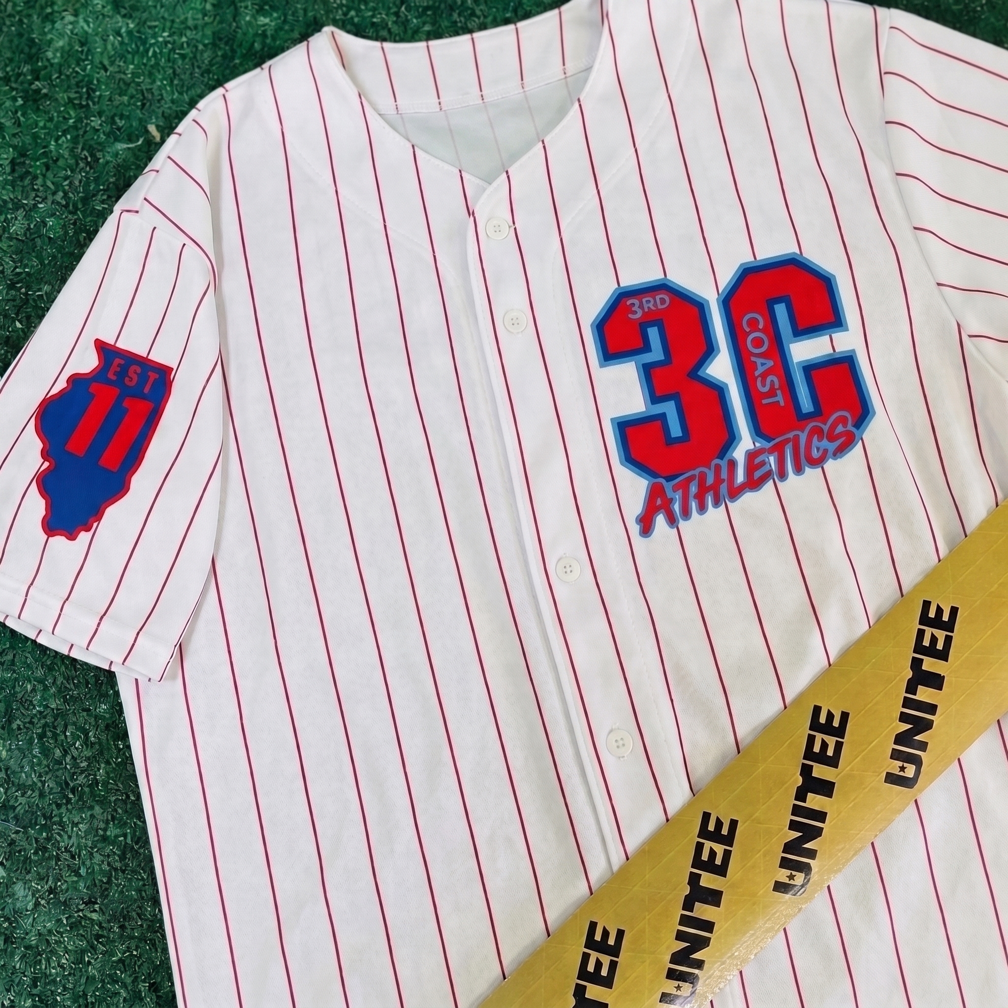 White 3rd Coast Athletics pinstripe baseball jersey with Illinois sleeve patch