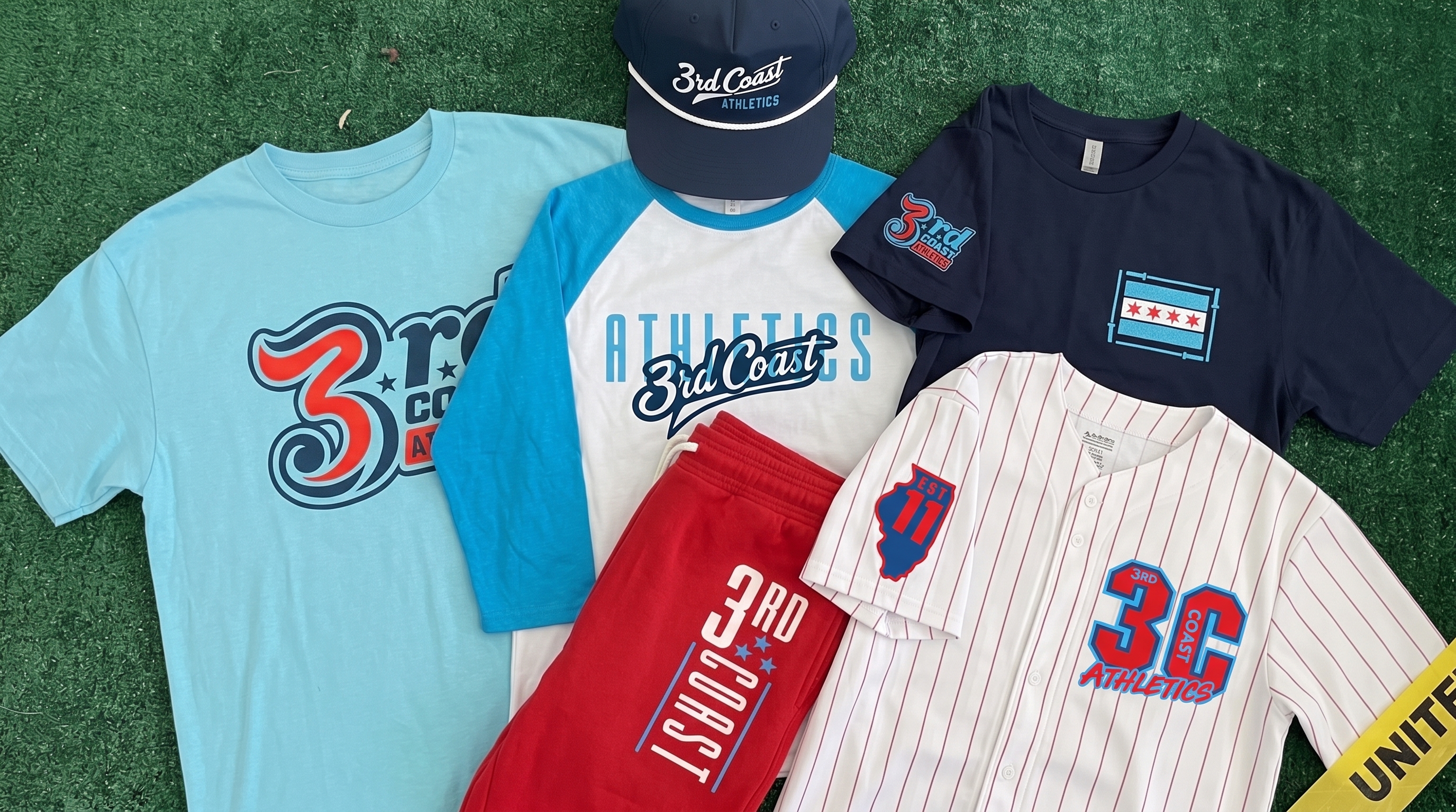 Full 3rd Coast Athletics Chicago apparel collection with tees, raglan, joggers, hat, and baseball jersey