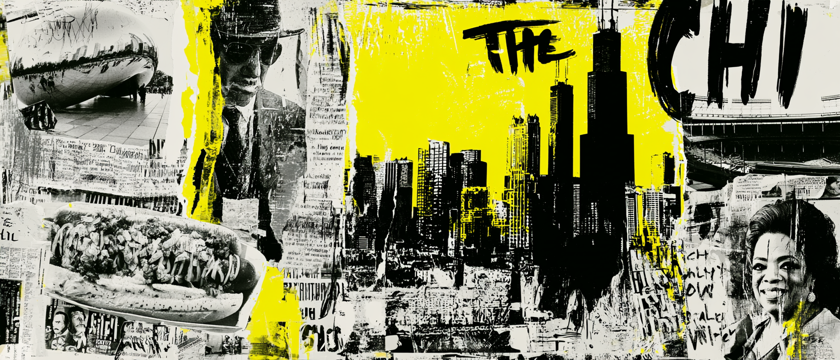 Chicago history collage with skyline, Cloud Gate, hot dog, Oprah, and yellow street collage treatment