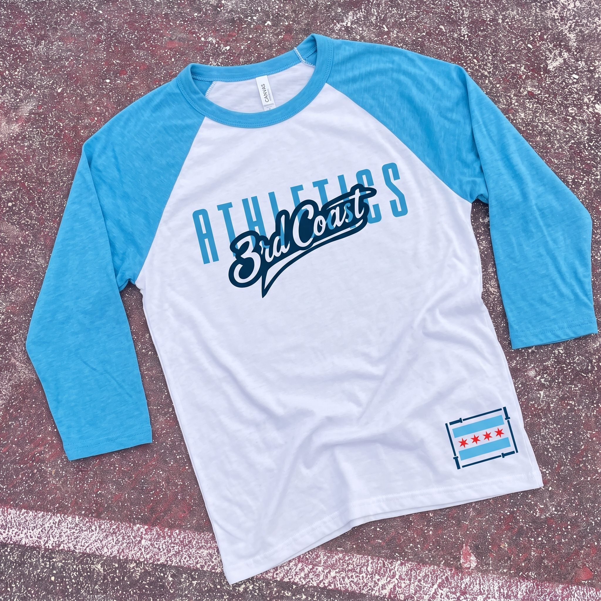 3rd Coast Athletics white and blue raglan shirt with Chicago flag patch graphic