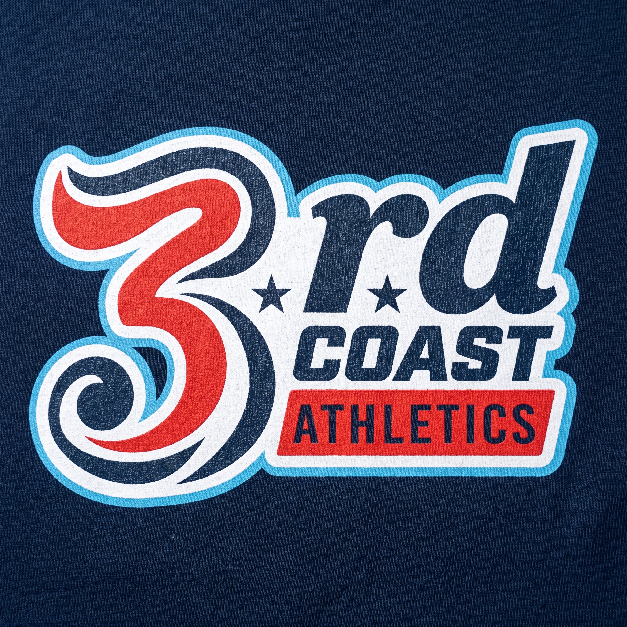 Close-up of 3rd Coast Athletics screen printed logo on navy garment
