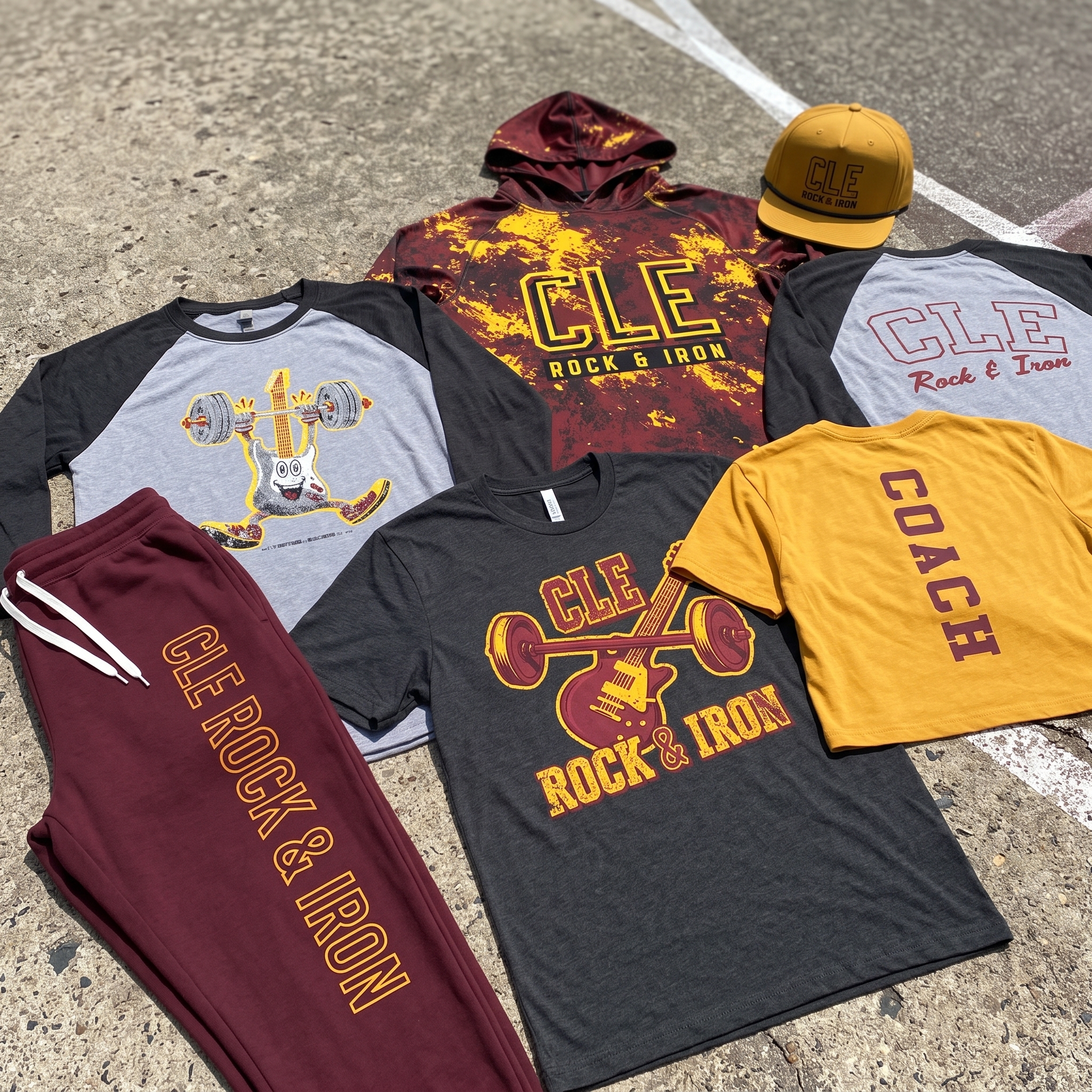 CLE Rock and Iron full apparel collection with tees, joggers, hoodie, hat, and coach pieces
