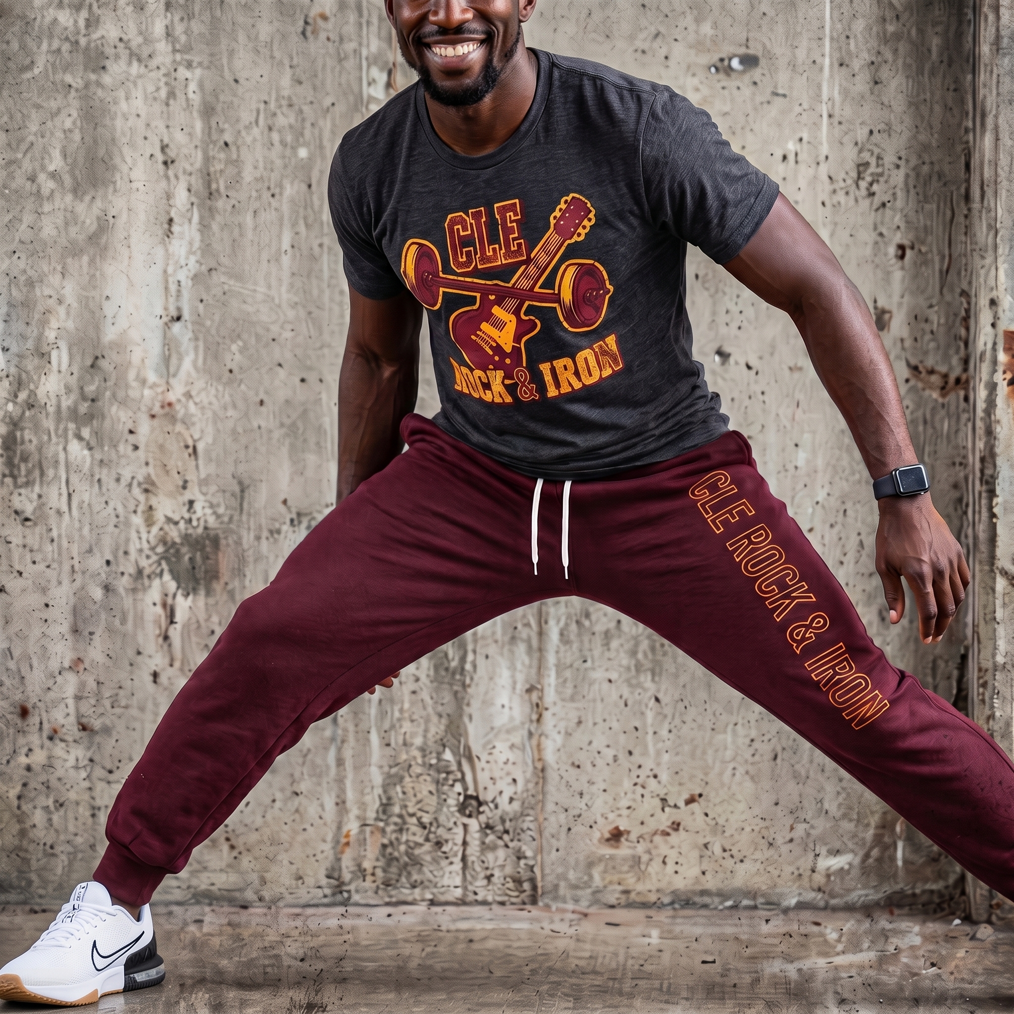 CLE Rock and Iron joggers with vertical CLE Rock and Iron leg print