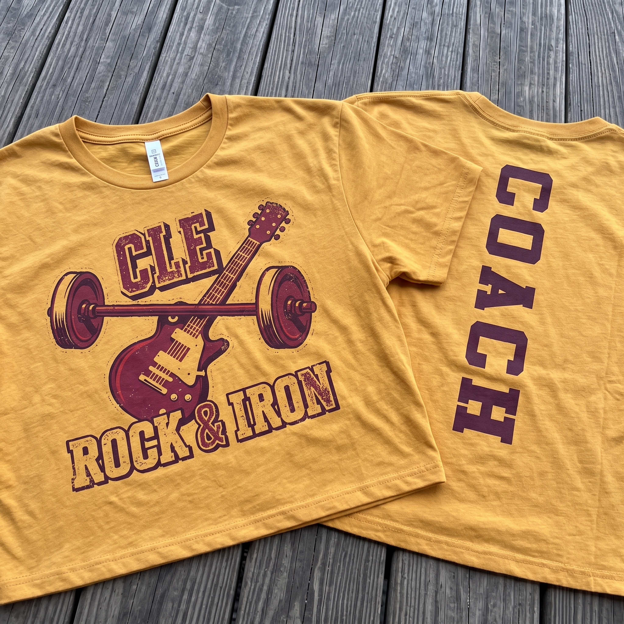 CLE Rock and Iron yellow coach tee, hoodie, rope hat, and apparel collection detail