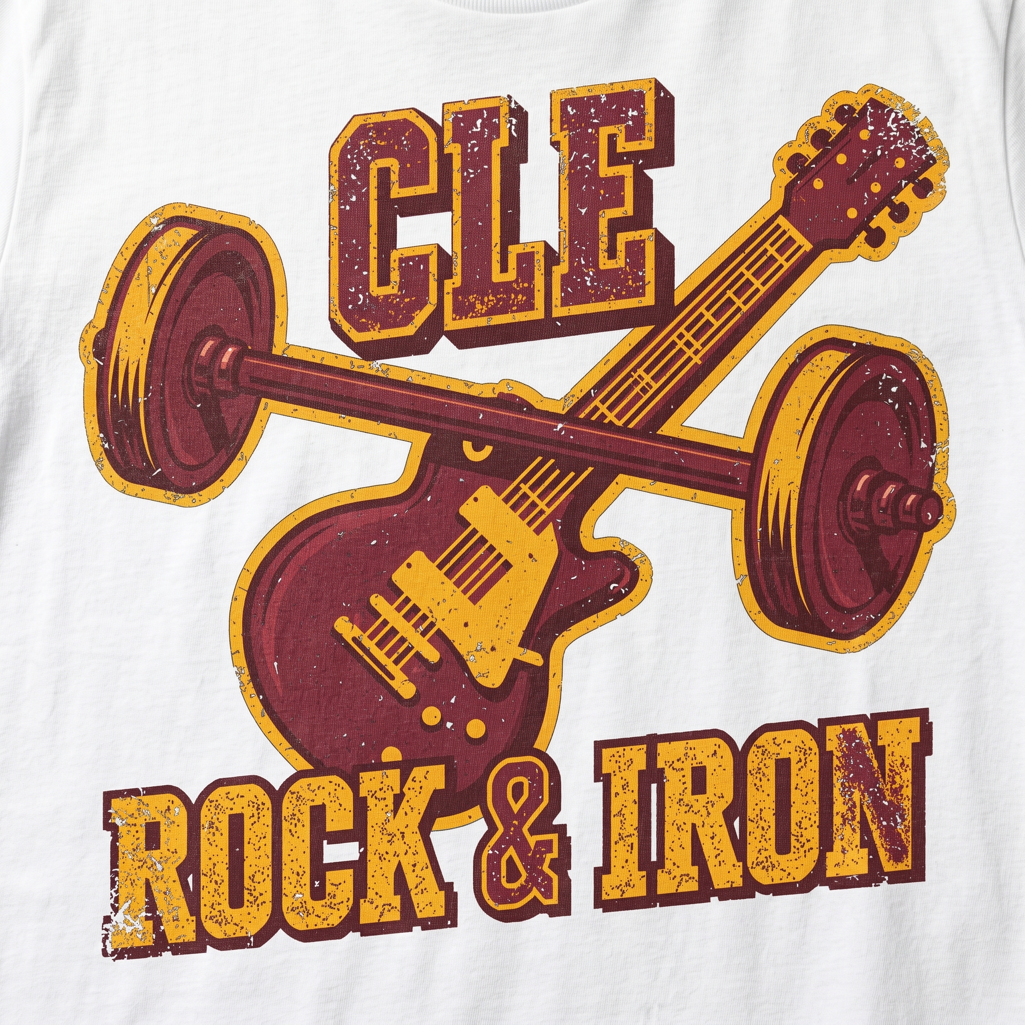 CLE Rock and Iron screen printed guitar and barbell logo detail