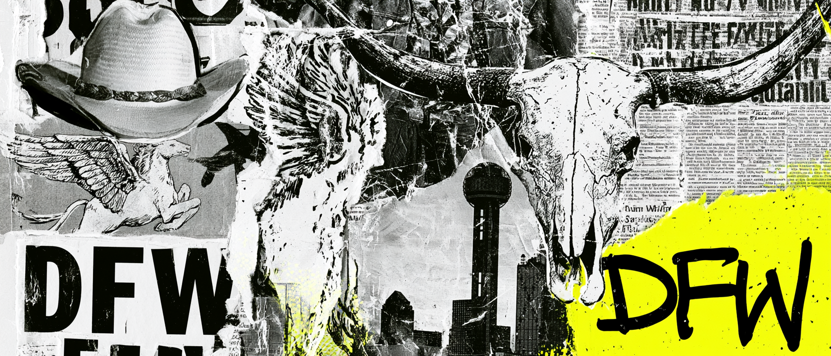 DFW visual history collage with Dallas skyline, Fort Worth longhorn, Pegasus, cowboy hat, and Texas references