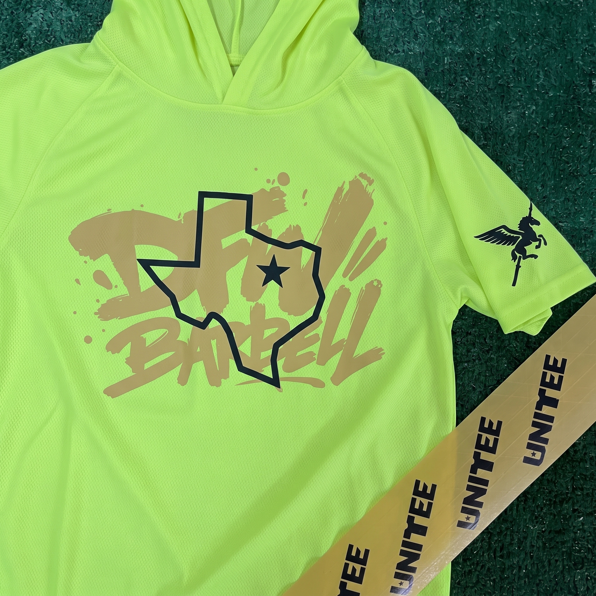 DFW Barbell neon volt performance hoodie with Texas outline, brush lettering, star mark, and Pegasus sleeve detail