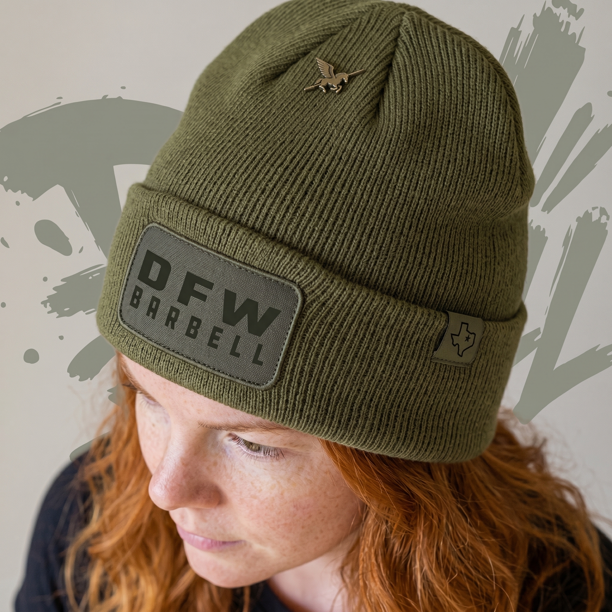 DFW Barbell olive beanie with patch and Pegasus pin