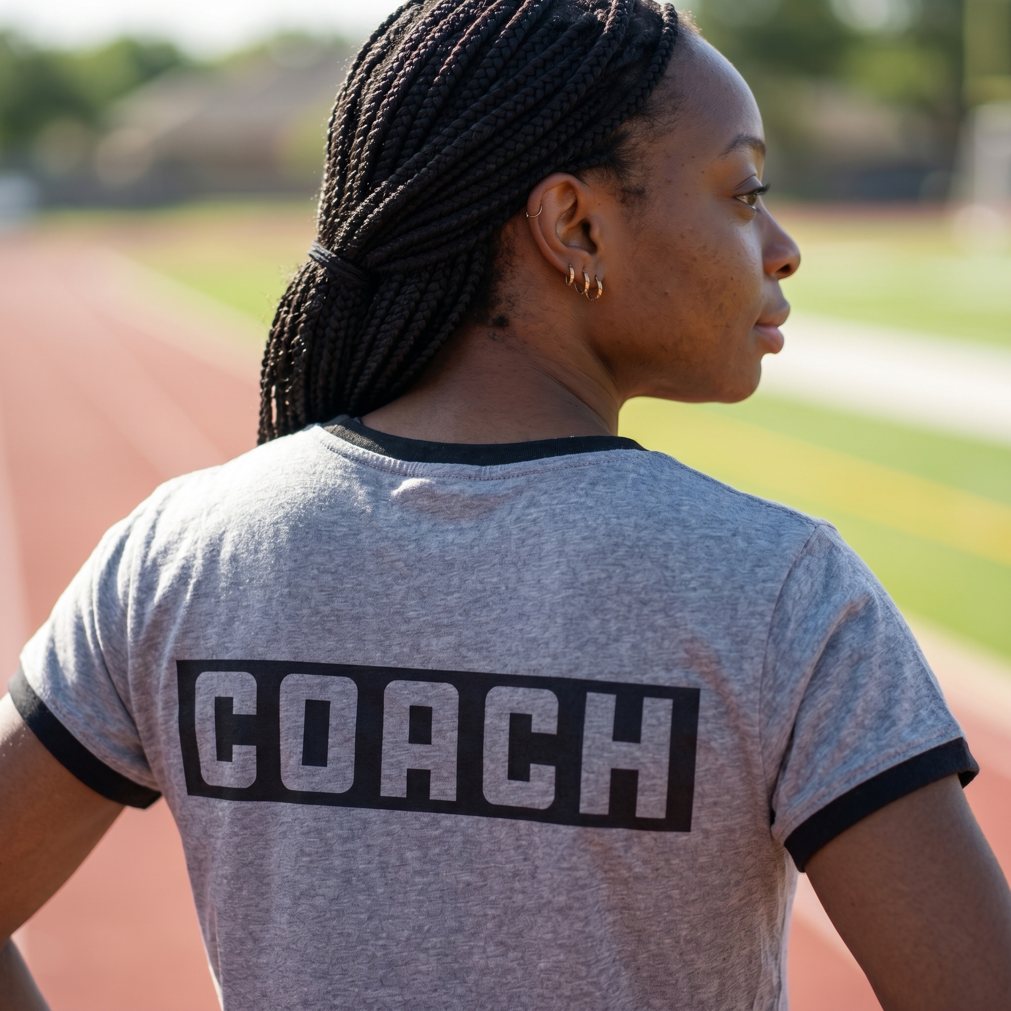DFW Barbell coach ringer tee with large black Coach back print