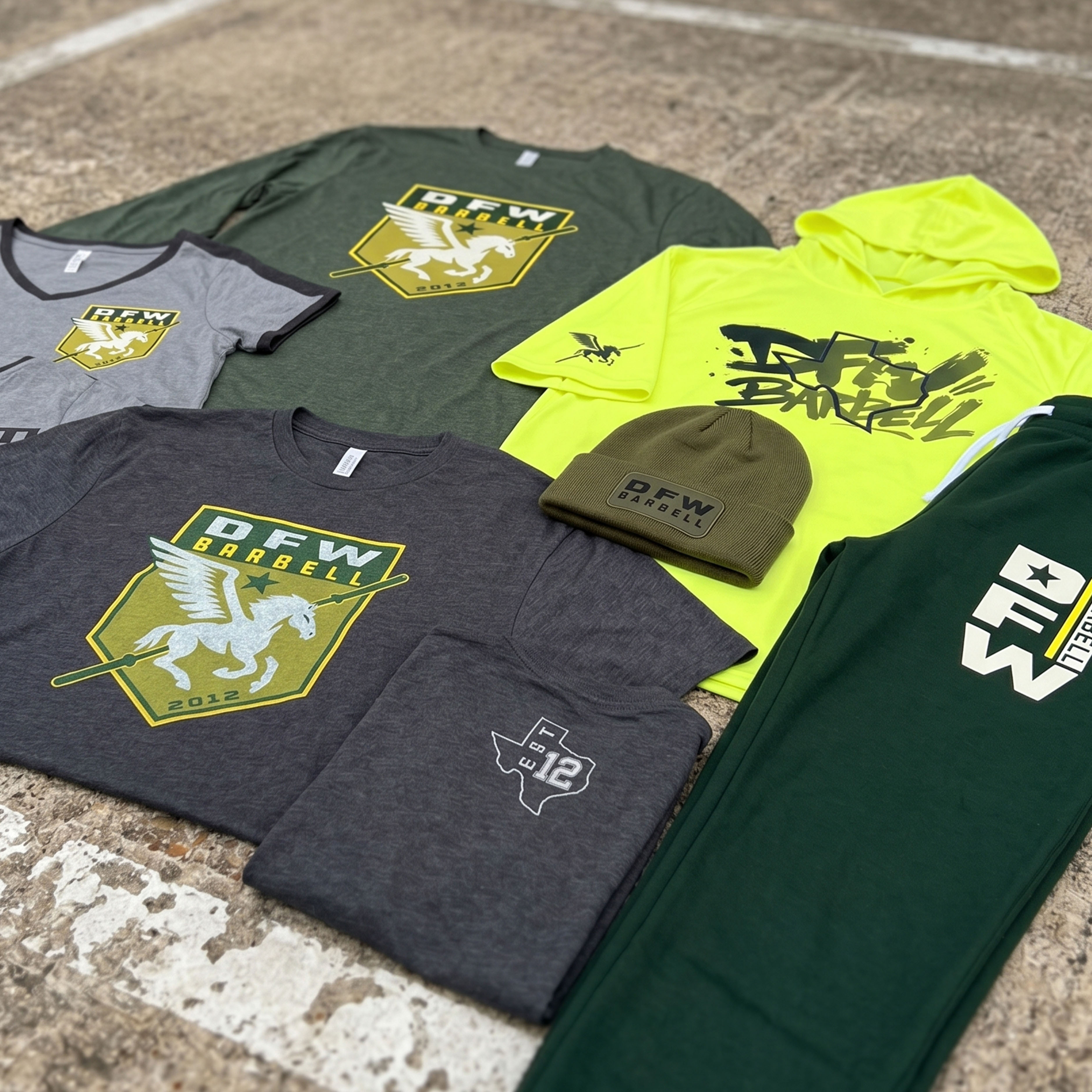 DFW Barbell full apparel collection with beanie, tees, hoodie, joggers, and Texas graphics