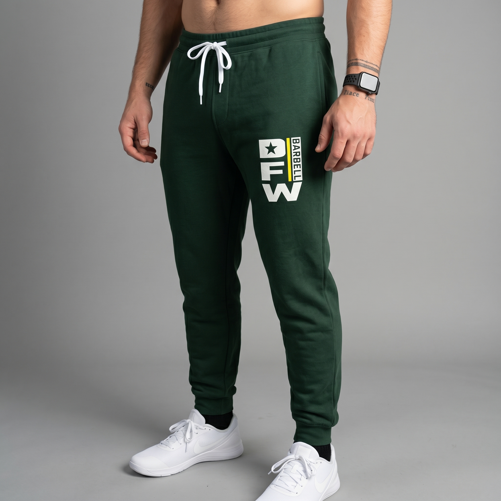 DFW Barbell green joggers with vertical DFW Barbell leg print