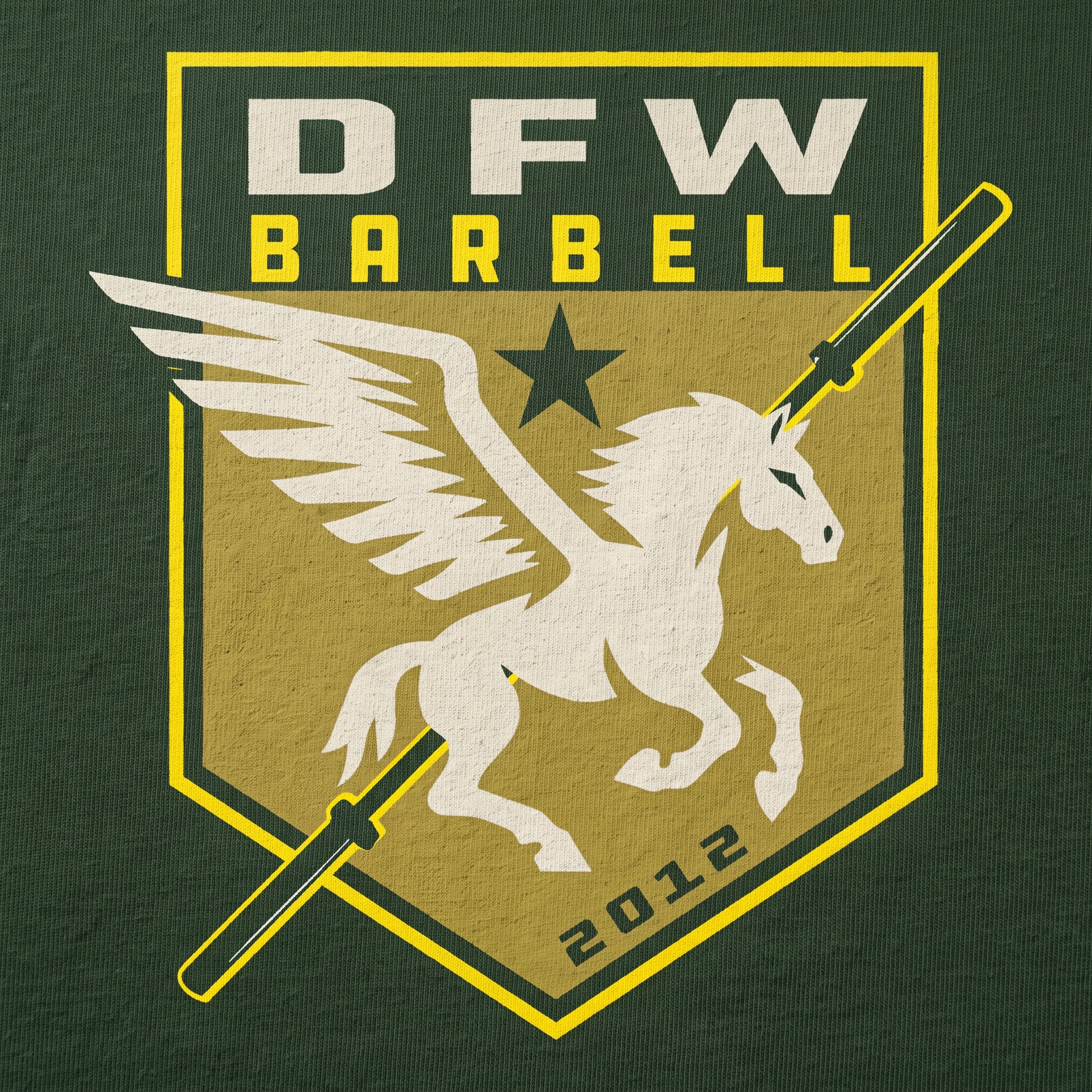 DFW Barbell screen printed Pegasus crest logo detail