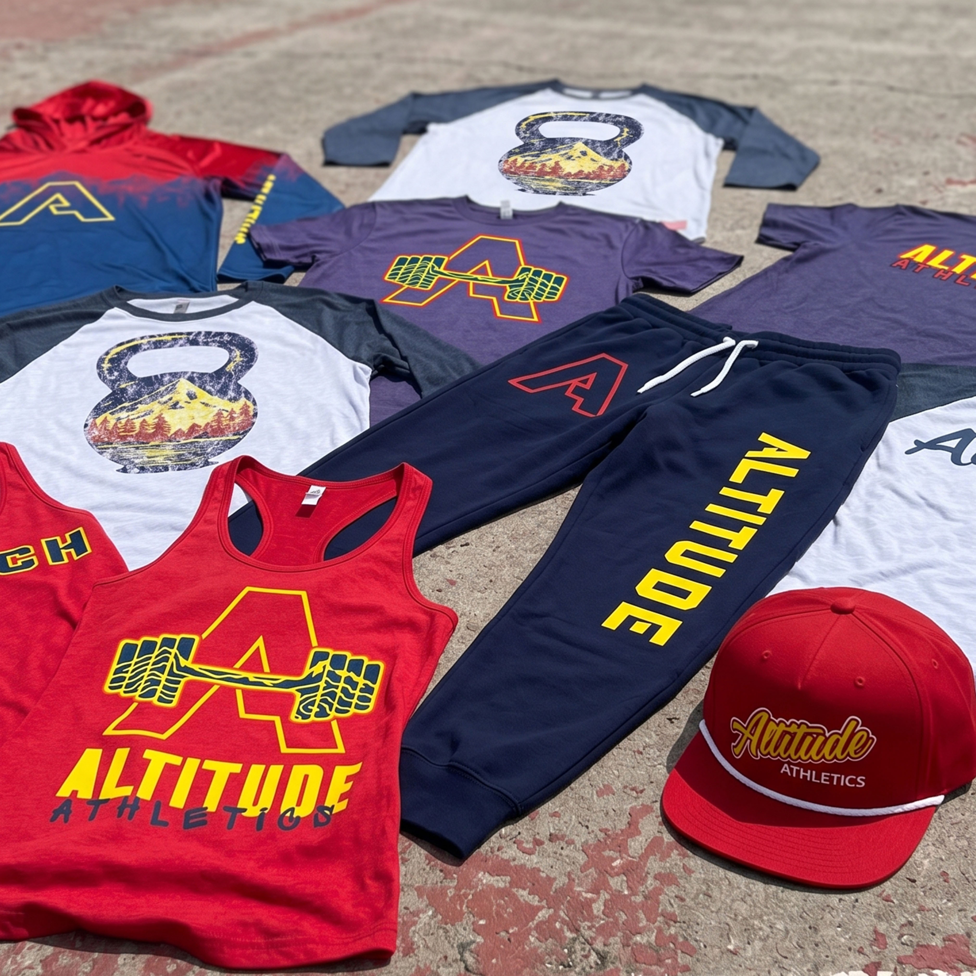 Altitude Athletics full apparel collection with tanks, tees, hoodie, joggers, hat, and mountain graphics
