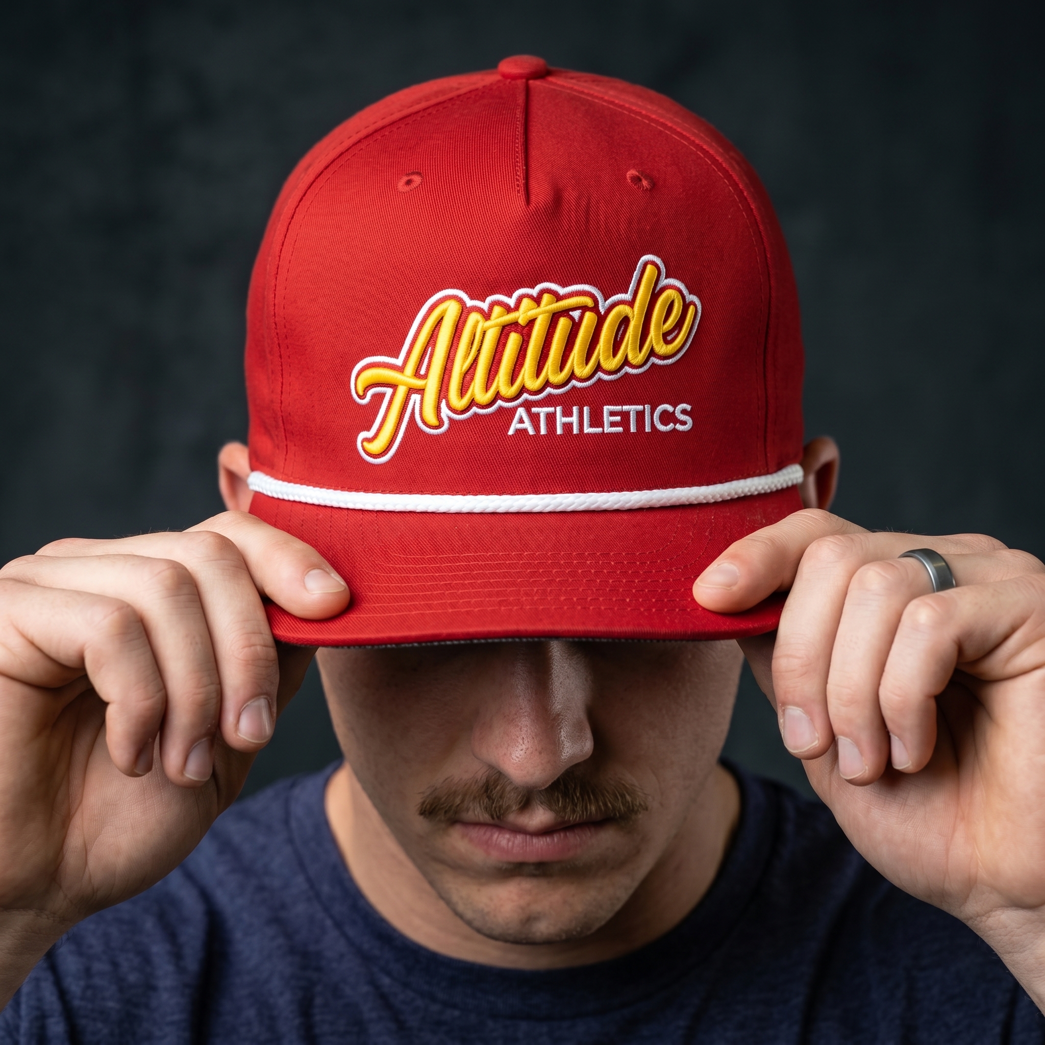 Altitude Athletics red rope hat with embroidered Altitude Athletics script