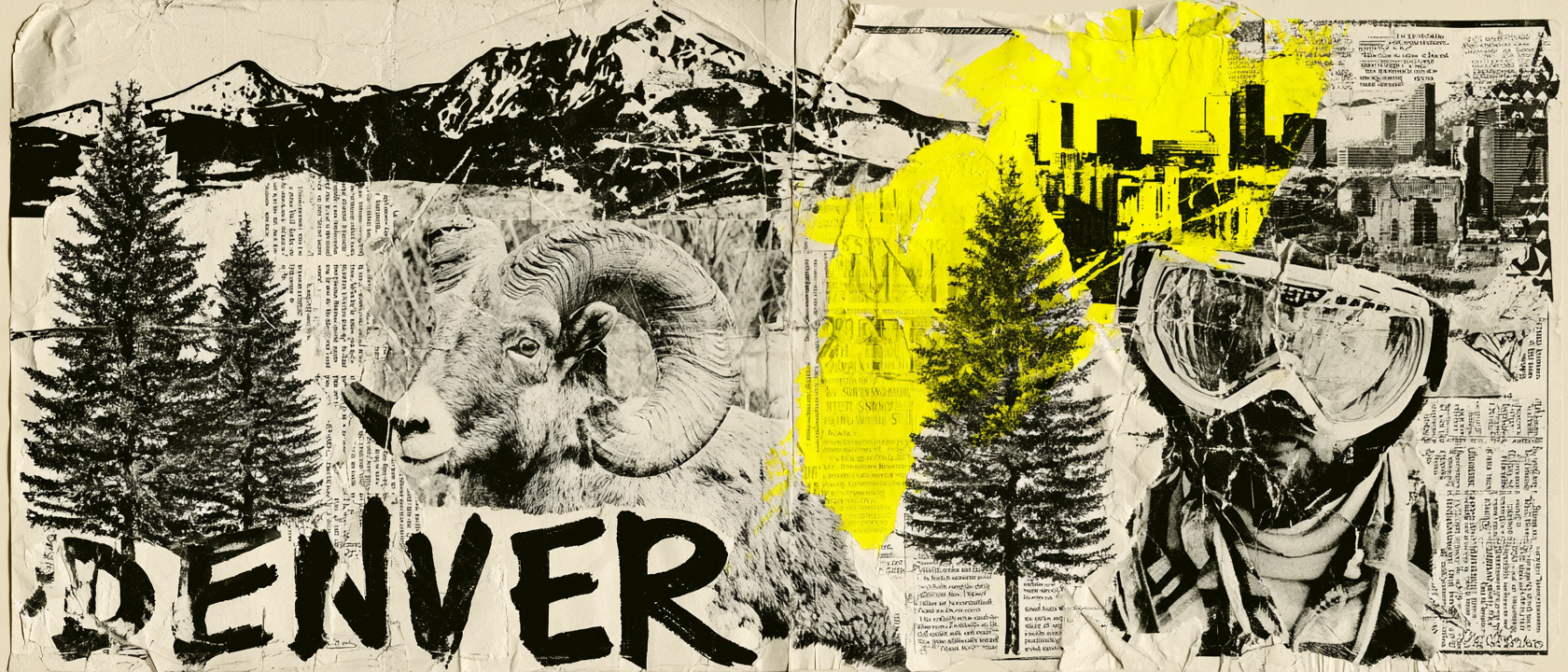 Denver visual history collage with mountains, ram, ski goggles, skyline, pine trees, and yellow city texture