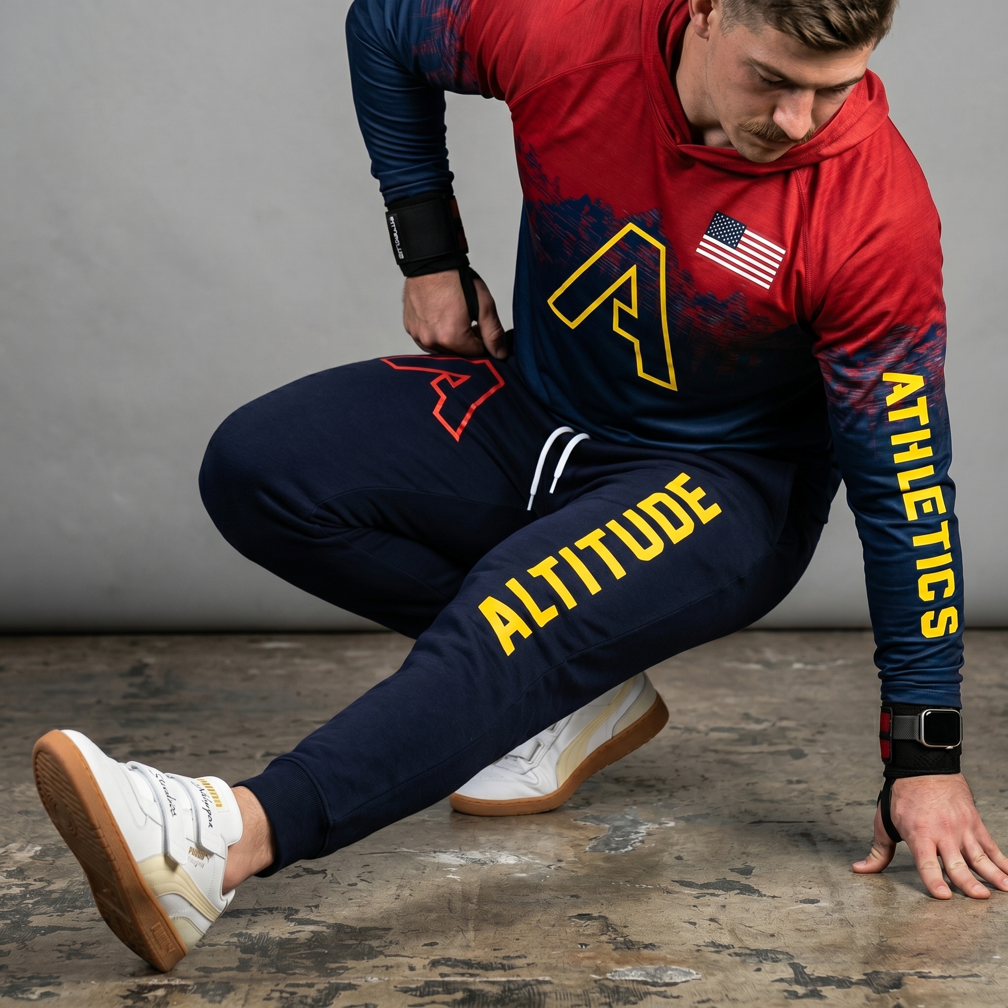 Altitude Athletics navy joggers and red-blue performance hoodie with sleeve and leg prints