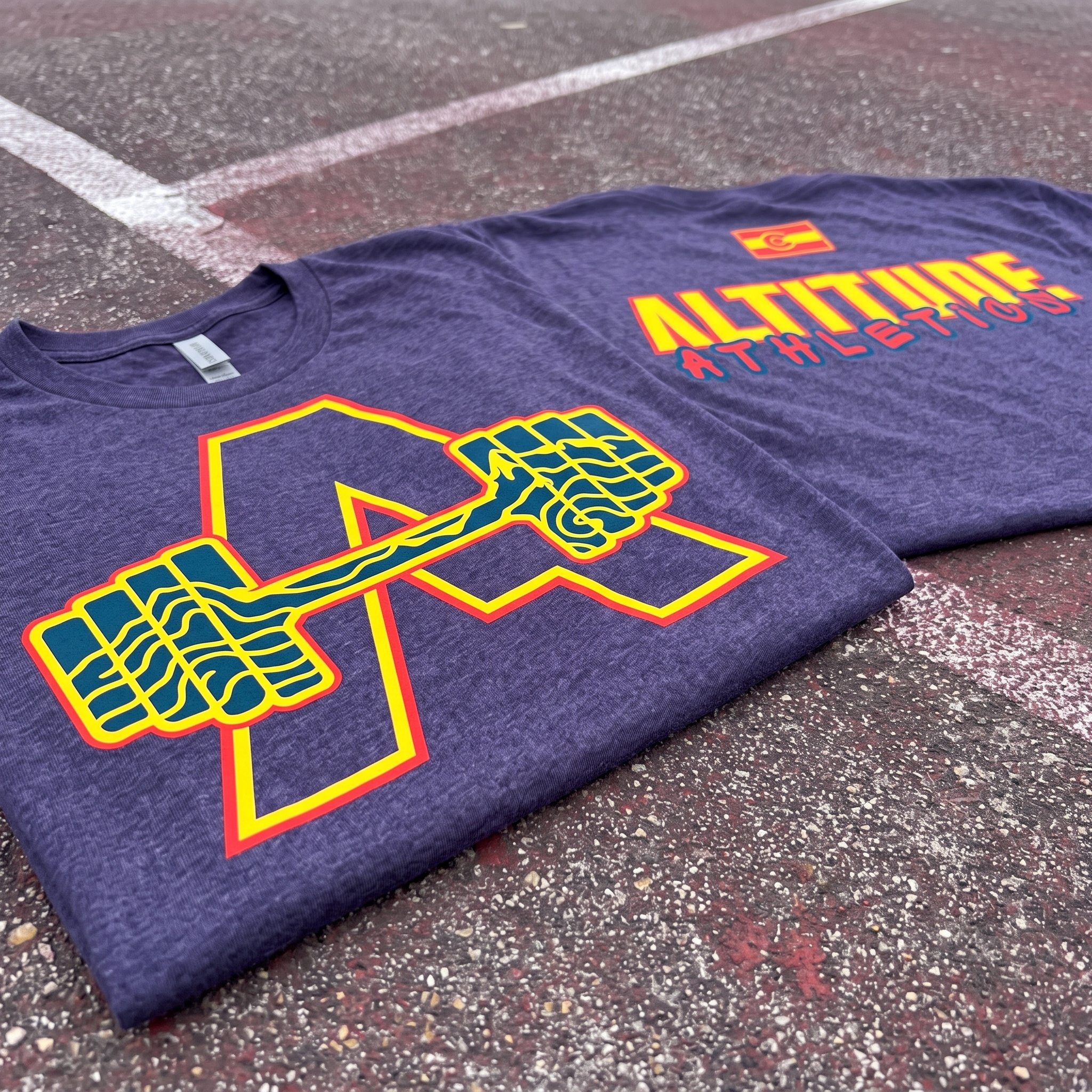 Altitude Athletics purple tee with A barbell graphic and back print