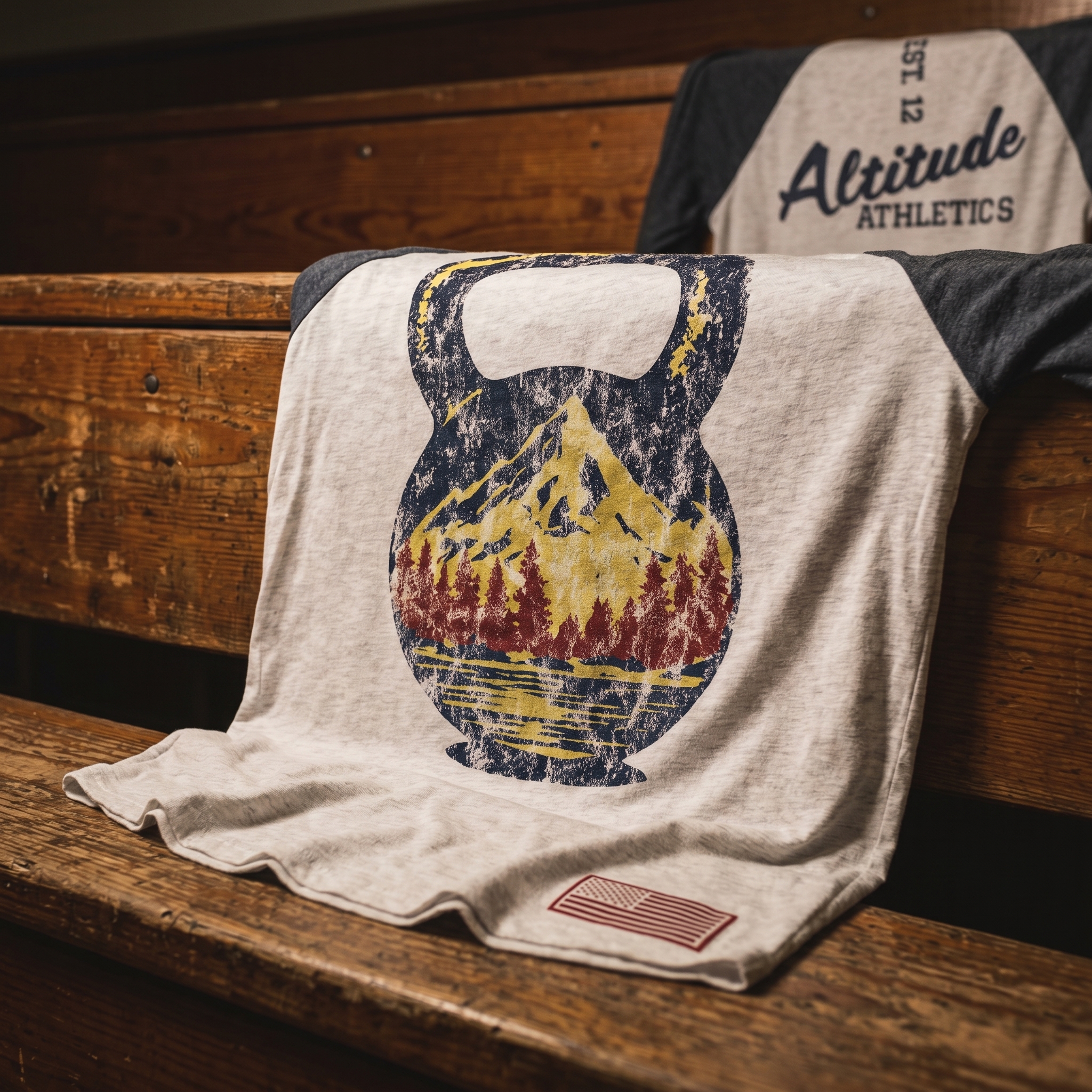 Altitude Athletics raglan shirt with mountain kettlebell graphic