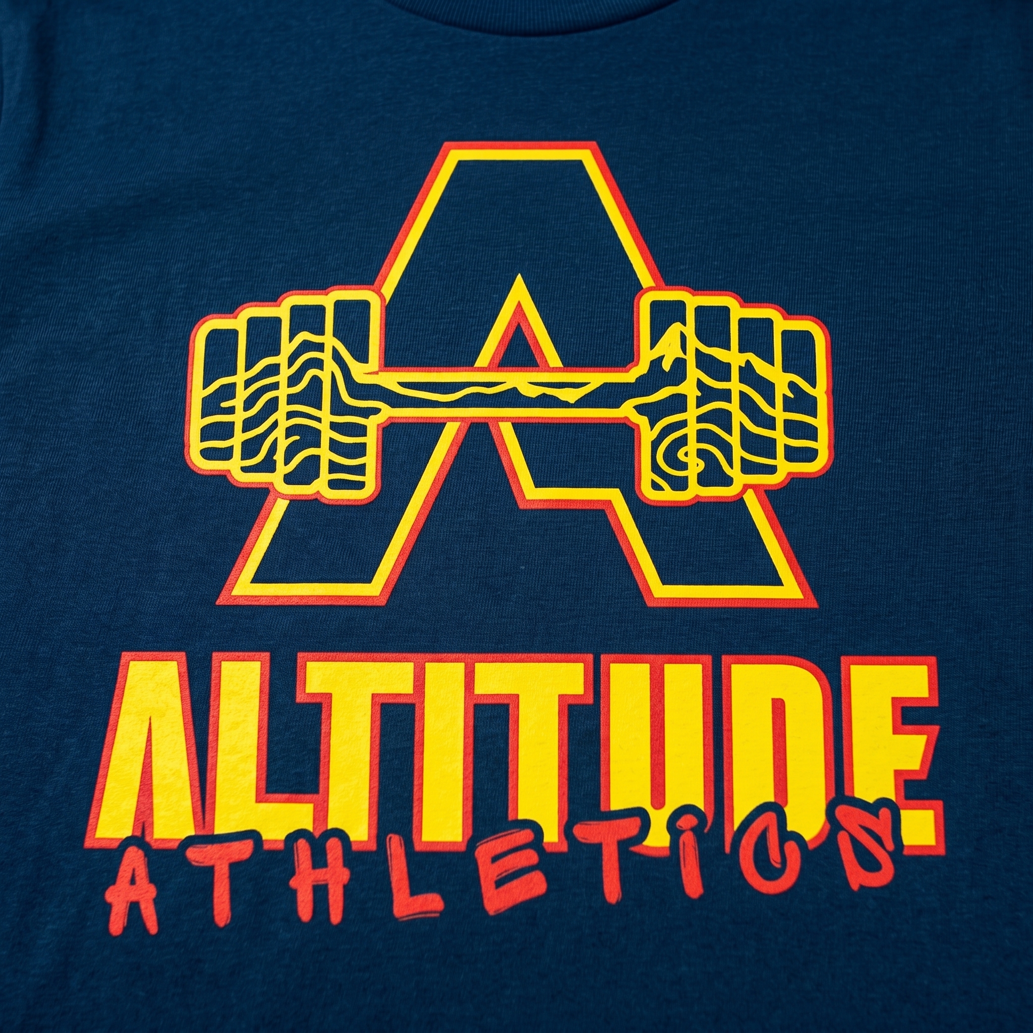 Altitude Athletics screen printed A barbell logo detail