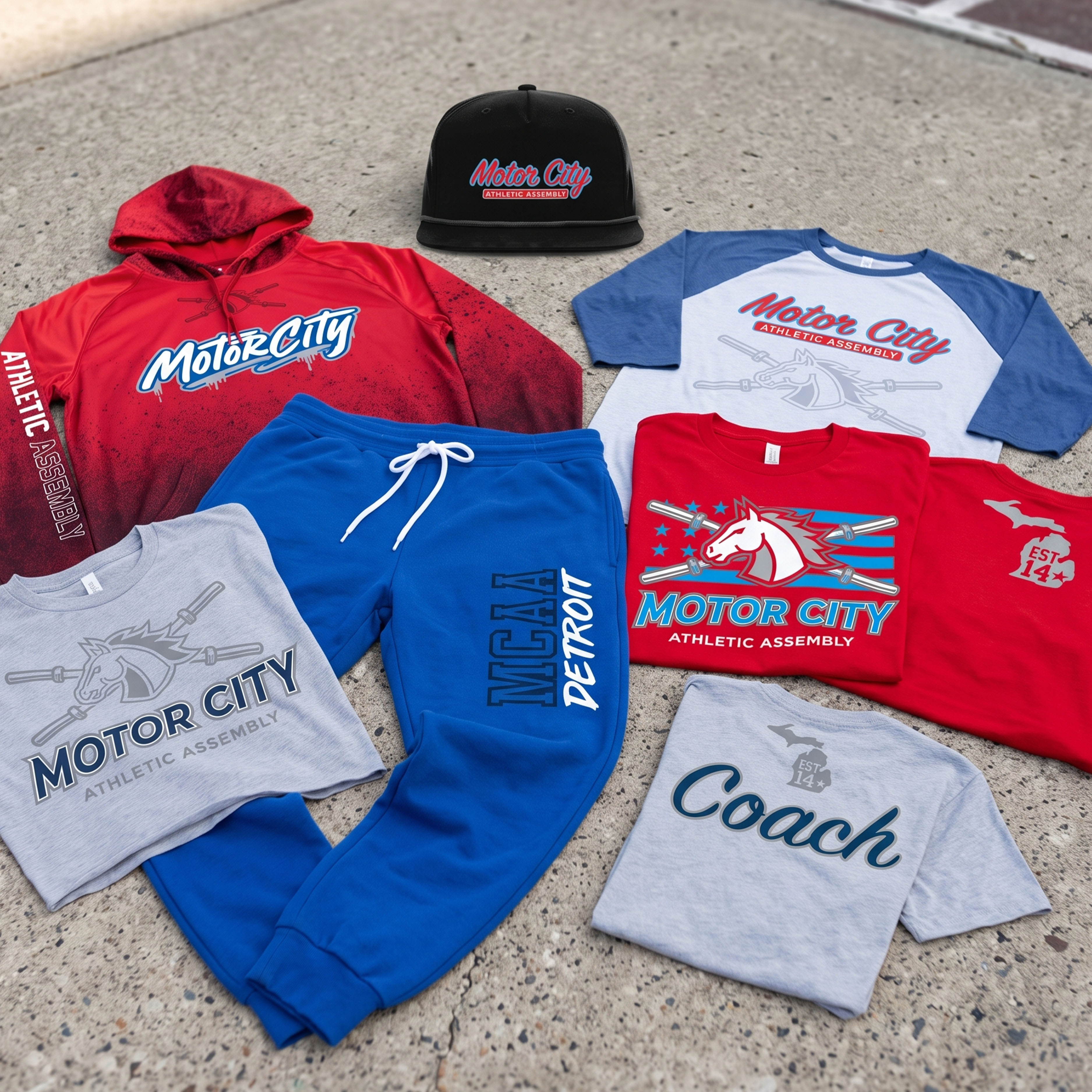 Motor City Athletic Assembly full apparel collection flat lay
