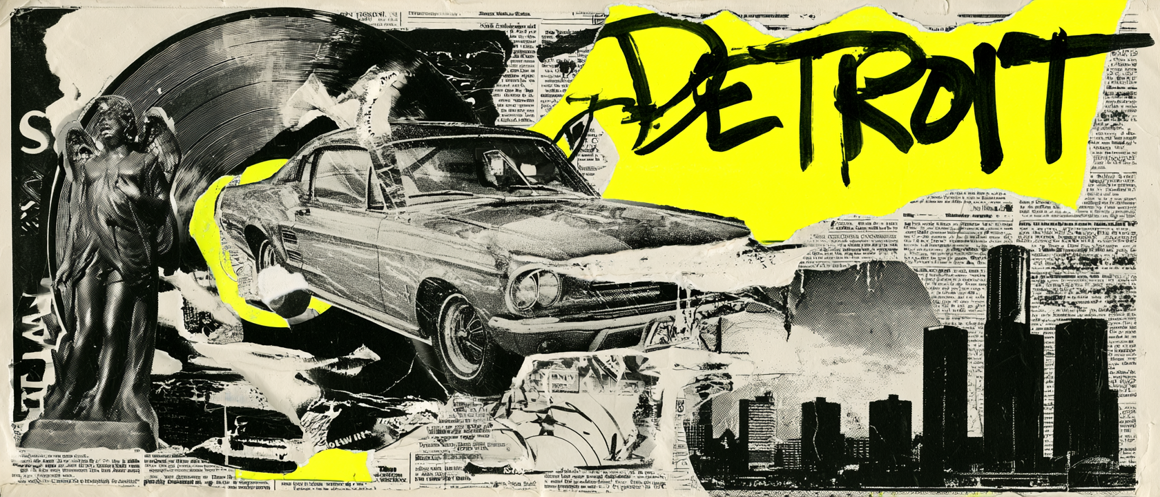 Detroit visual history collage with cars, music, skyline, and Motor City references