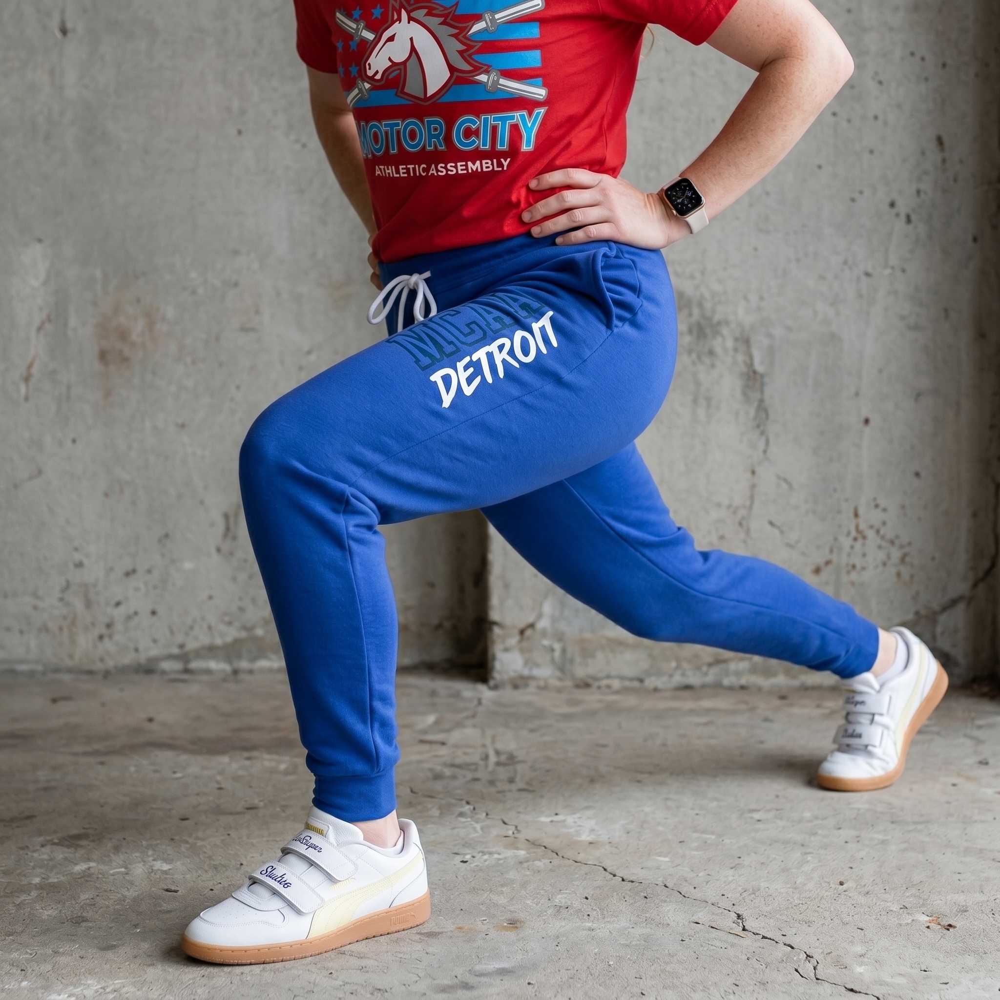 Motor City Athletic Assembly blue joggers with MCA Detroit leg print