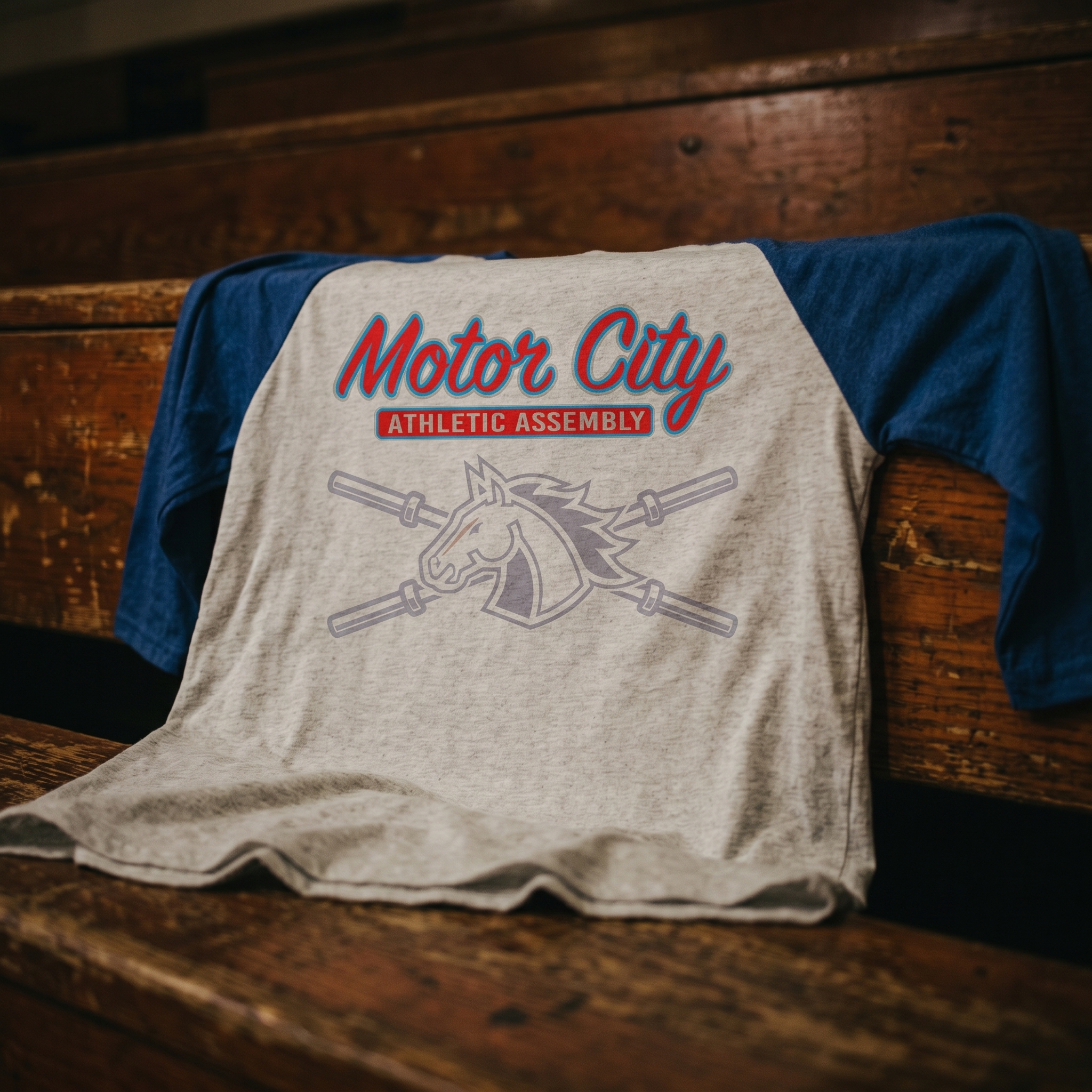 Motor City Athletic Assembly horse and barbell graphic tee detail