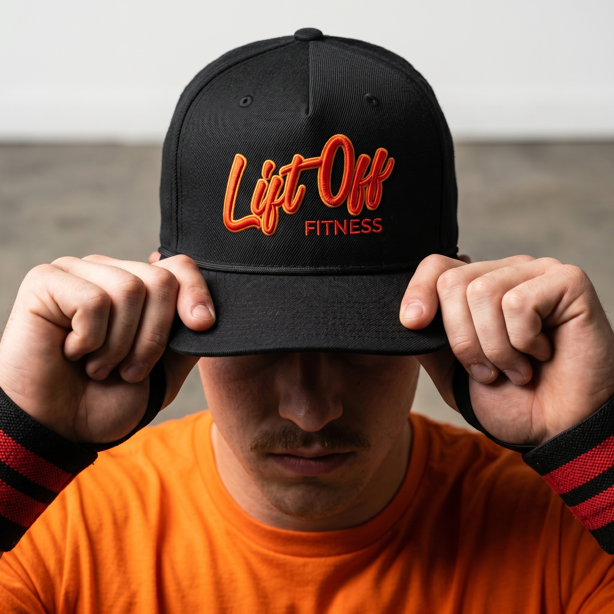 Lift Off Functional Fitness black rope hat with orange embroidered logo
