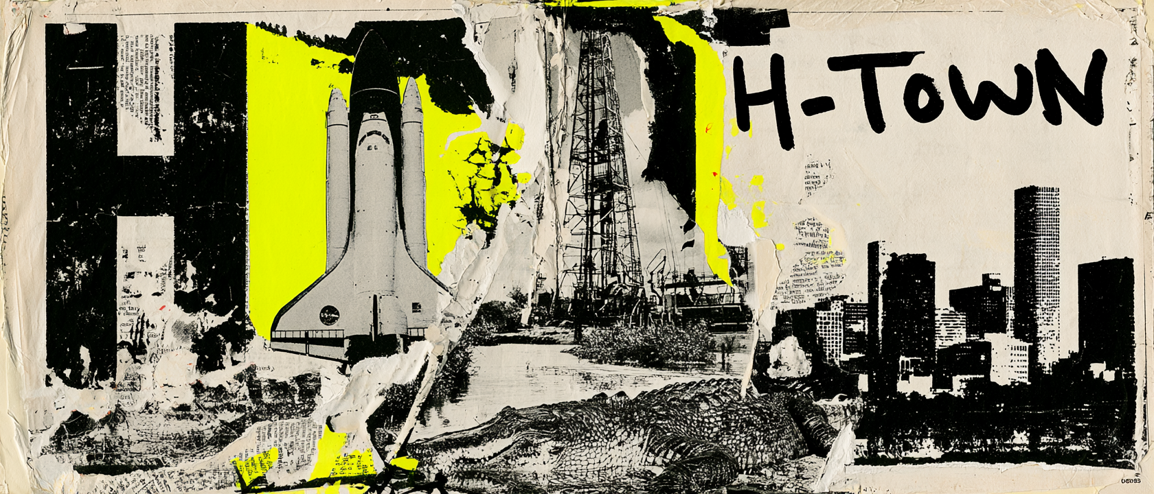 Houston visual history collage with space, oil, skyline, and city references
