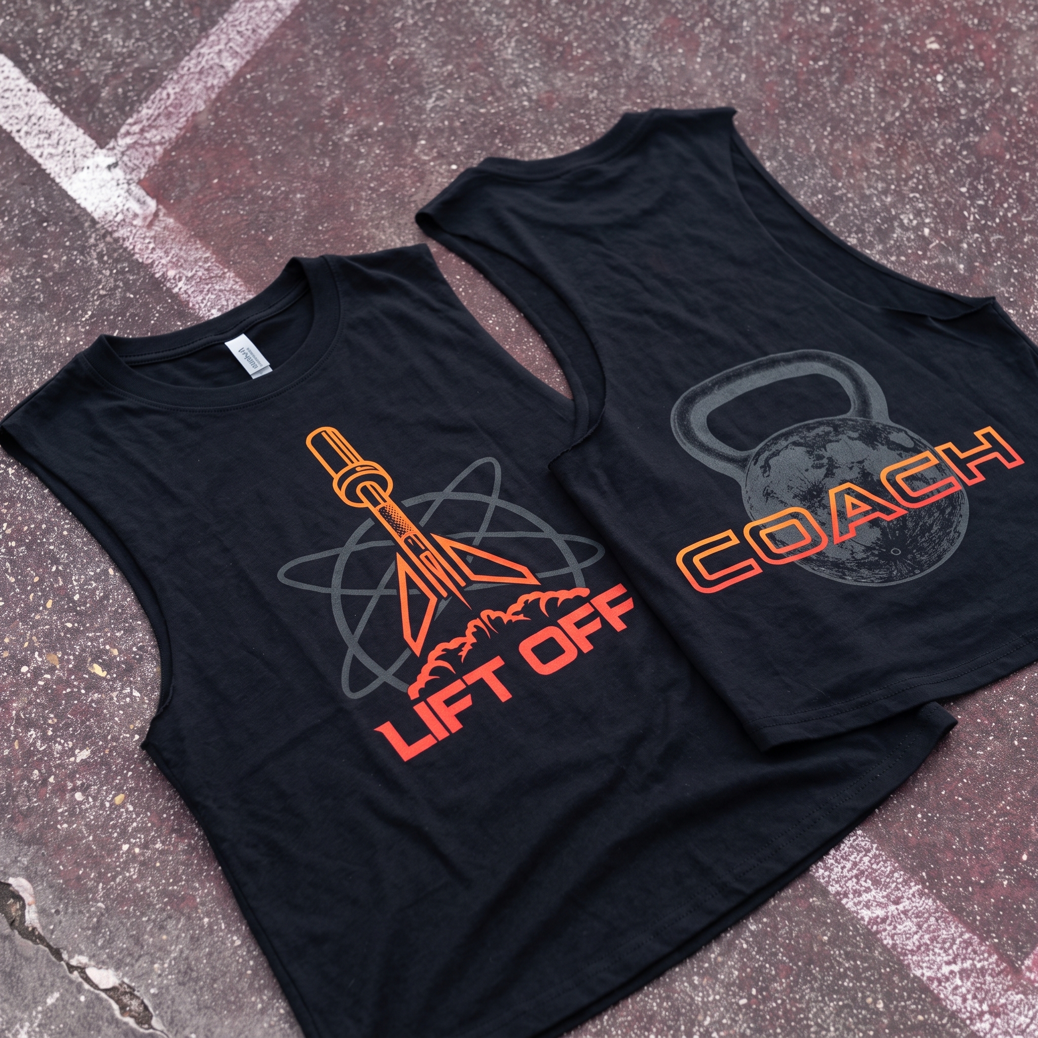 Lift Off Functional Fitness black tanks with rocket and coach graphics