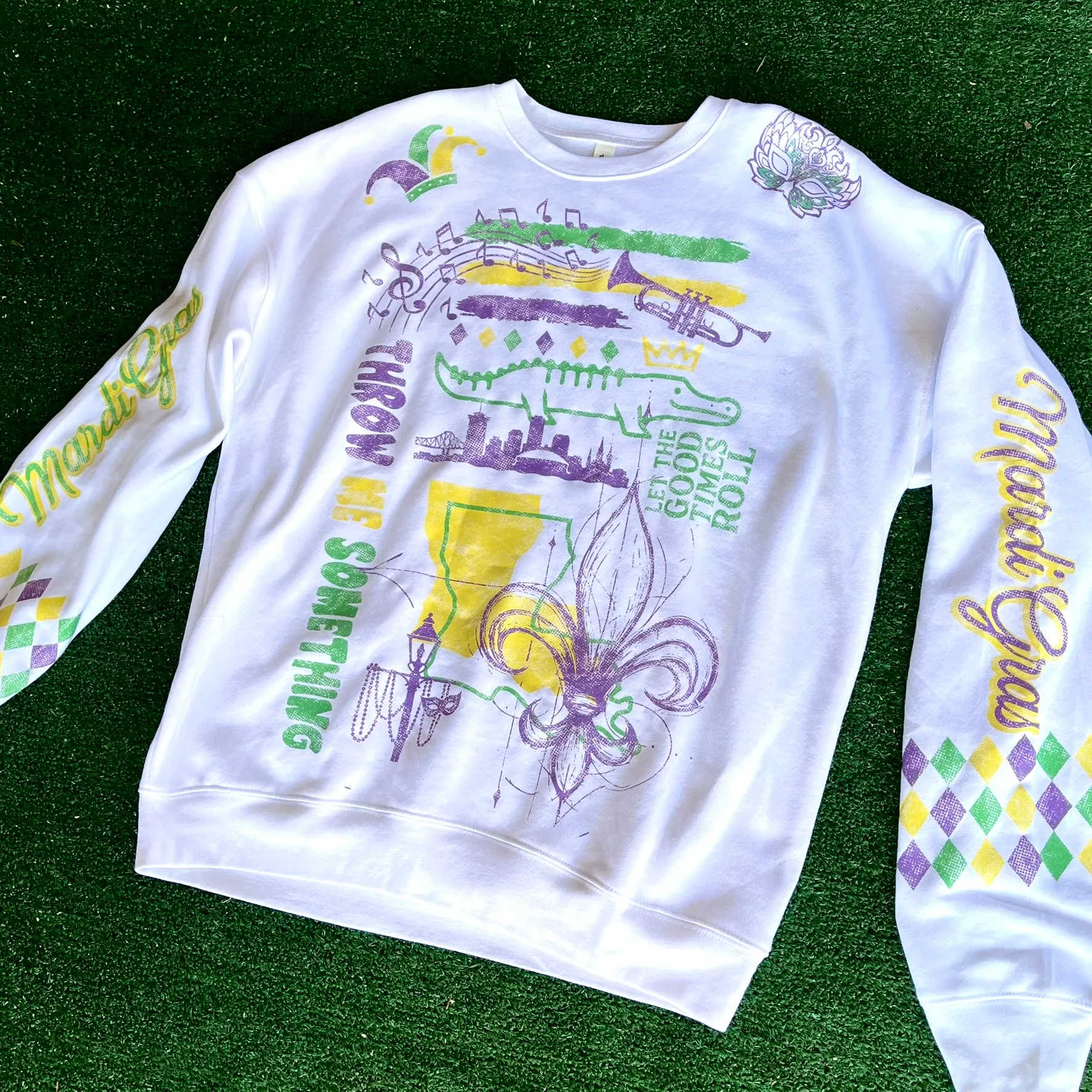 Mardi Gras allover print shown on the finished garment