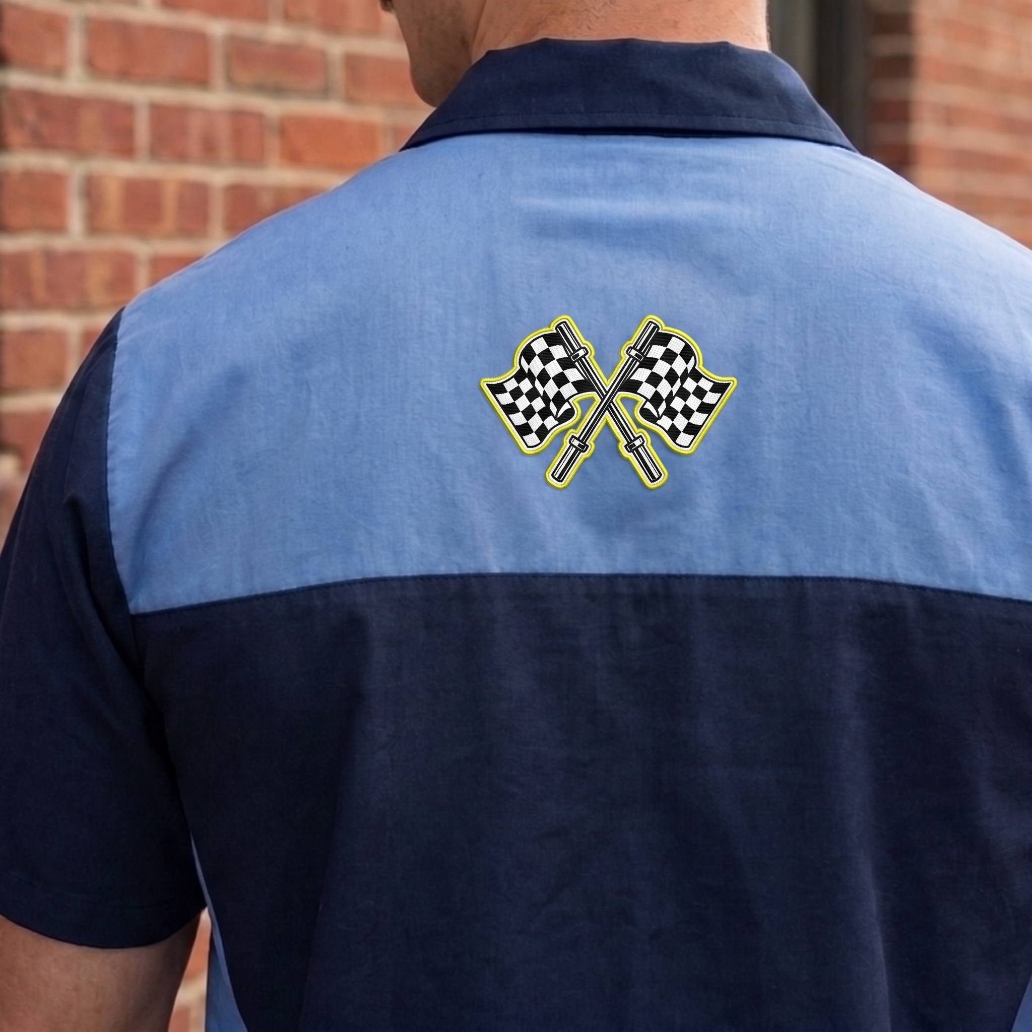 Victory Lift Co color block button-down with crossed checkered flag and barbell back detail