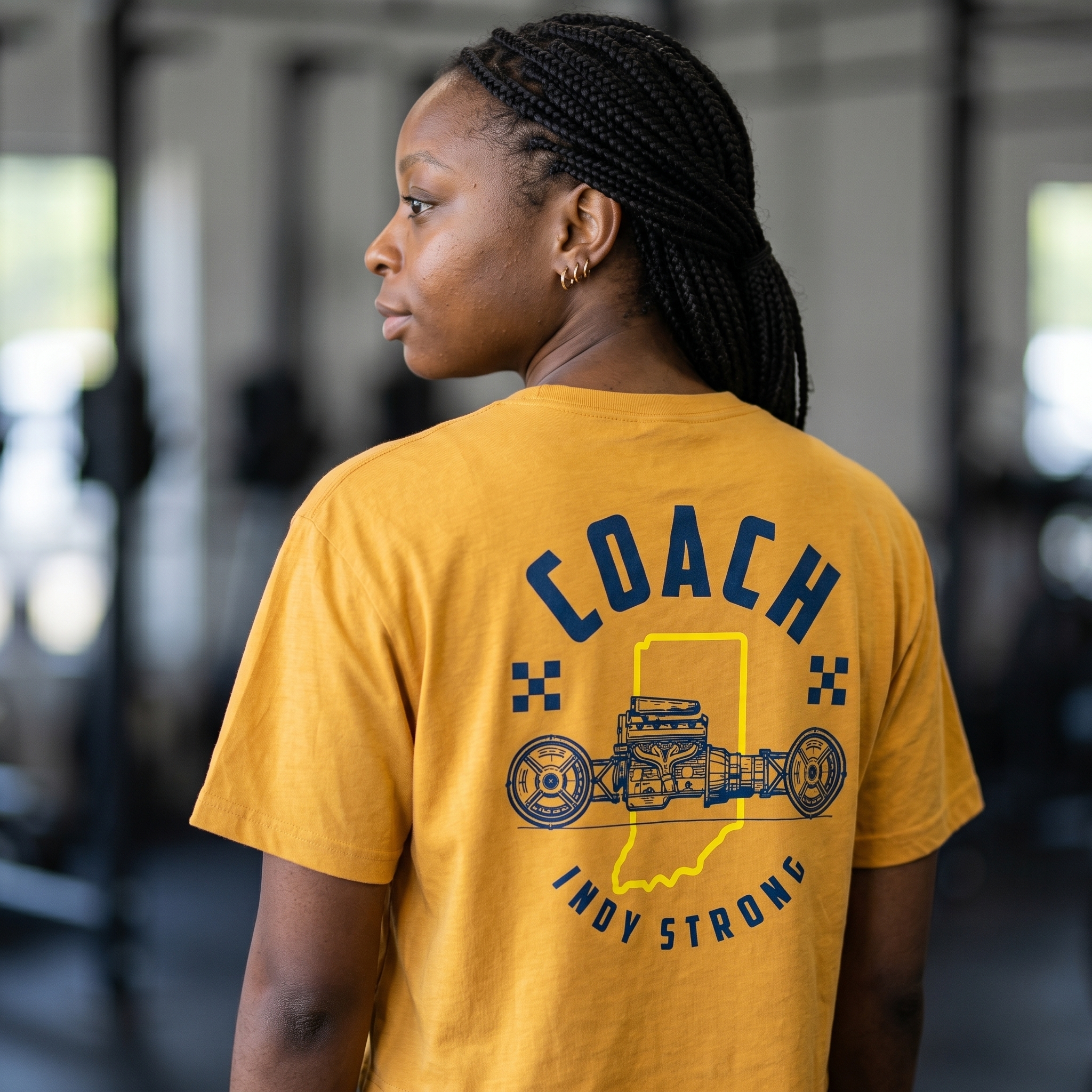 Victory Lift Co coach shirt back print with Indy Strong graphic